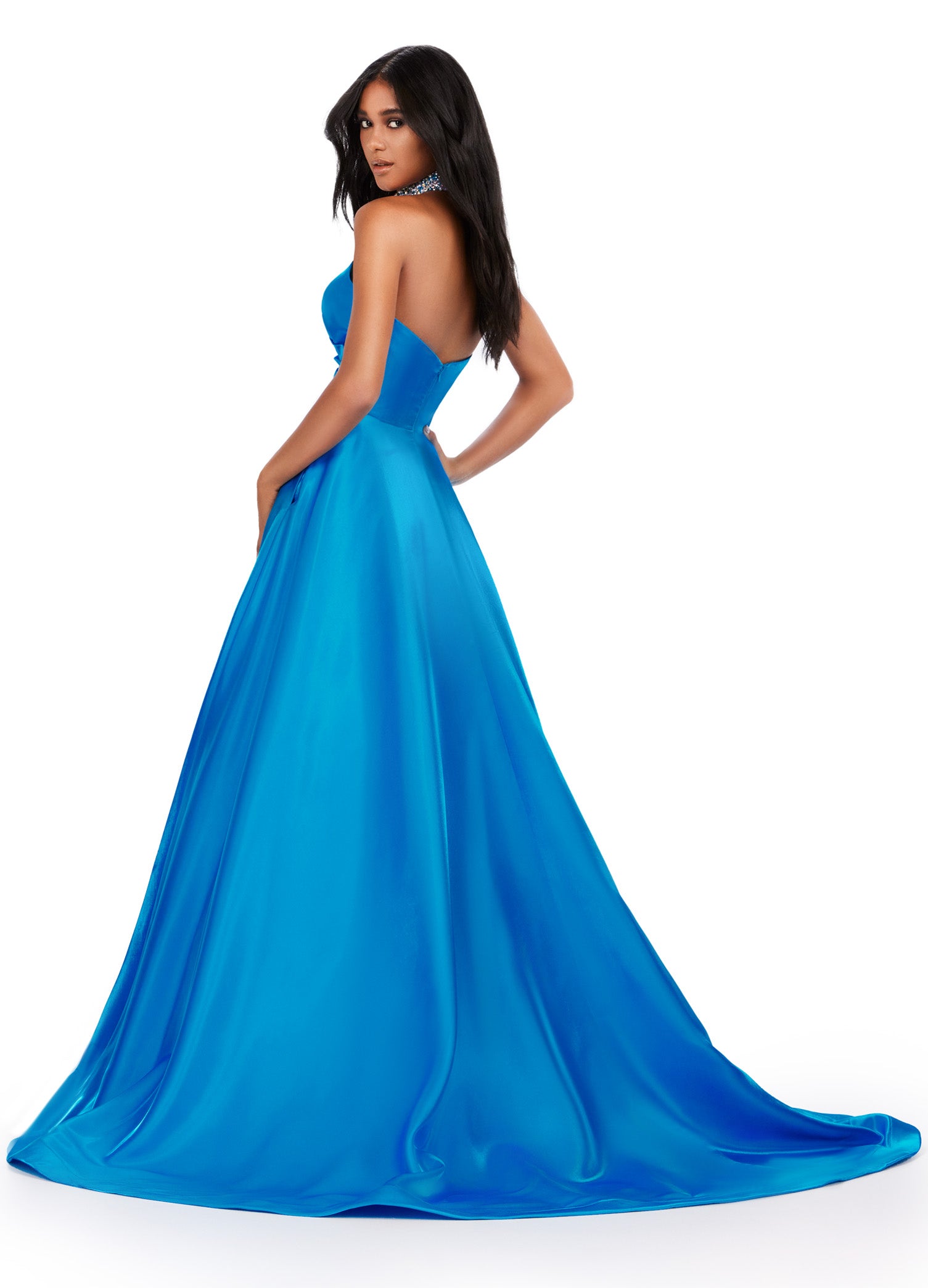 Elevate your eveningwear with the Ashley Lauren 11473 Long Prom Dress. Crafted from luxurious satin, this strapless ball gown features a beaded choker neckline for a touch of glamour. Perfect for formal events and pageants, this dress will make you feel like a true princess. Be the belle of the ball in this fabulous A-Line ball gown. This strapless satin dress features a sweetheart neckline and a fully beaded choker to match.