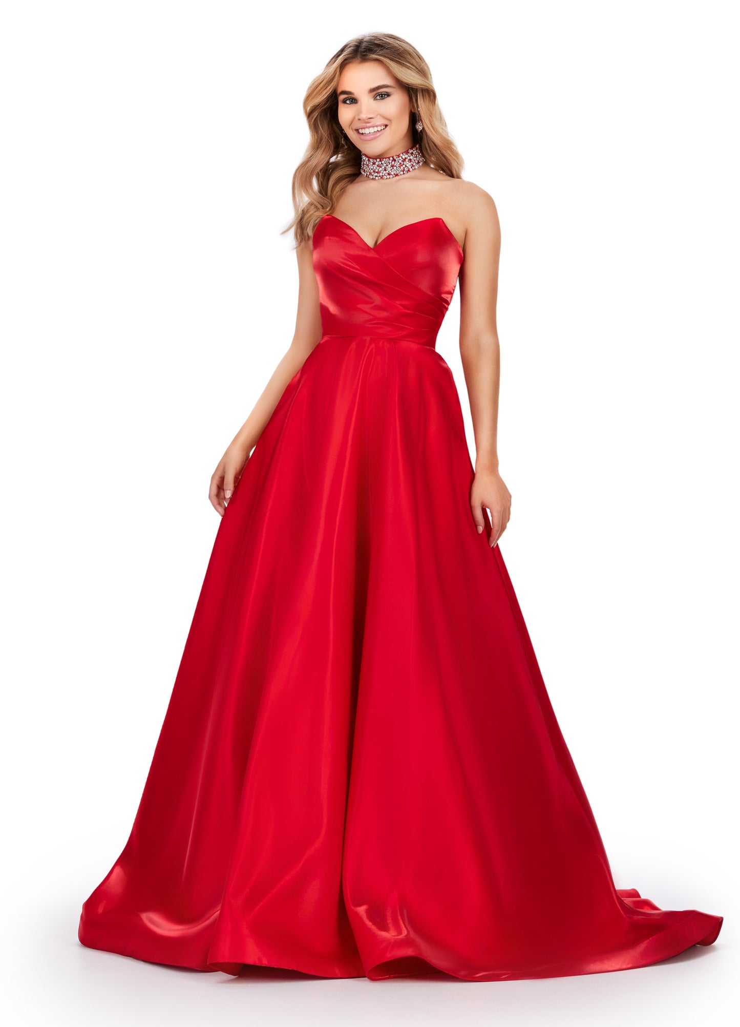 Elevate your eveningwear with the Ashley Lauren 11473 Long Prom Dress. Crafted from luxurious satin, this strapless ball gown features a beaded choker neckline for a touch of glamour. Perfect for formal events and pageants, this dress will make you feel like a true princess. Be the belle of the ball in this fabulous A-Line ball gown. This strapless satin dress features a sweetheart neckline and a fully beaded choker to match.