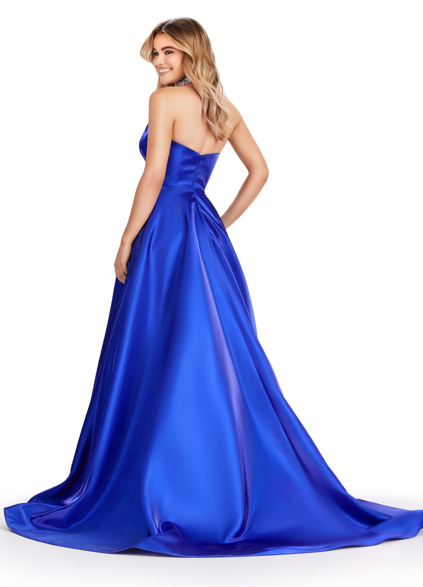 Elevate your eveningwear with the Ashley Lauren 11473 Long Prom Dress. Crafted from luxurious satin, this strapless ball gown features a beaded choker neckline for a touch of glamour. Perfect for formal events and pageants, this dress will make you feel like a true princess. Be the belle of the ball in this fabulous A-Line ball gown. This strapless satin dress features a sweetheart neckline and a fully beaded choker to match.