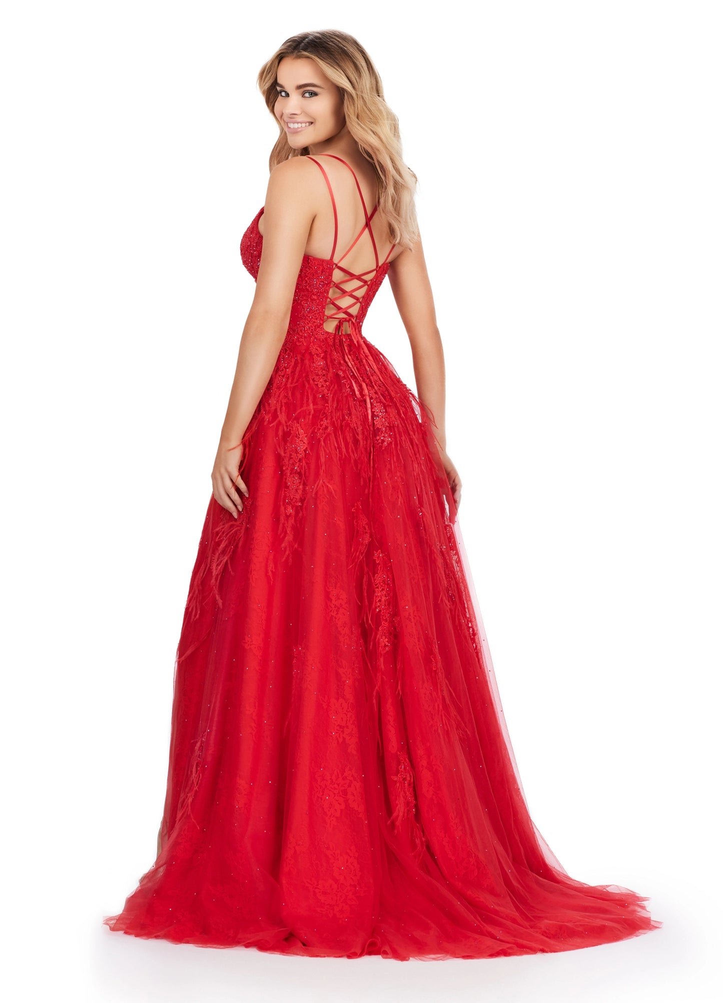 This Ashley Lauren 11480 dress is a stunningly unique piece for your next special event. Featuring intricate lace and feather detailing, a slim a-line fit with a thigh-high slit, a corset bodice, and an elegant low-back, this dress will be sure to draw attention. Perfect for prom, pageants, or any formal occasion. 