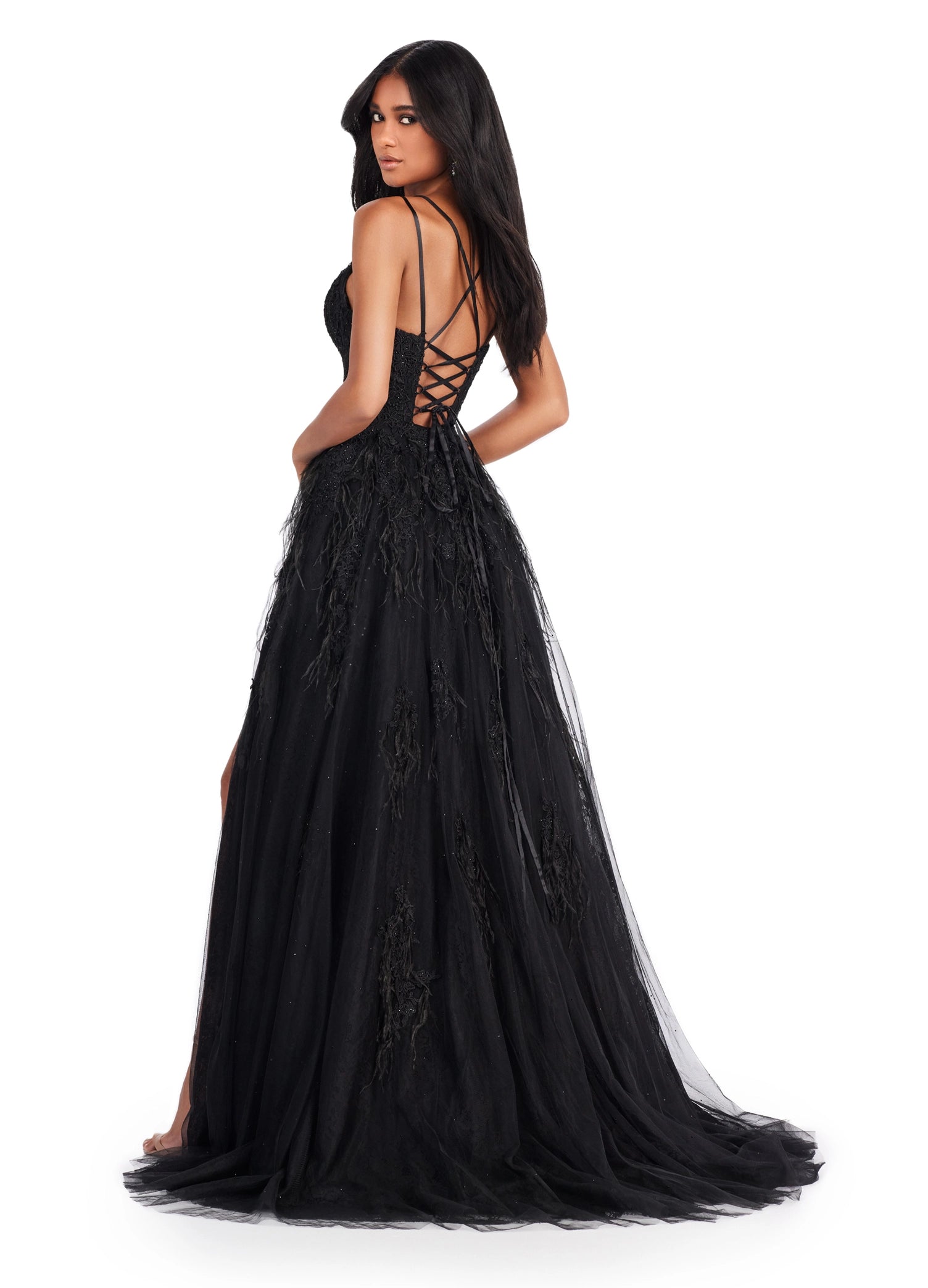 This Ashley Lauren 11480 dress is a stunningly unique piece for your next special event. Featuring intricate lace and feather detailing, a slim a-line fit with a thigh-high slit, a corset bodice, and an elegant low-back, this dress will be sure to draw attention. Perfect for prom, pageants, or any formal occasion. 