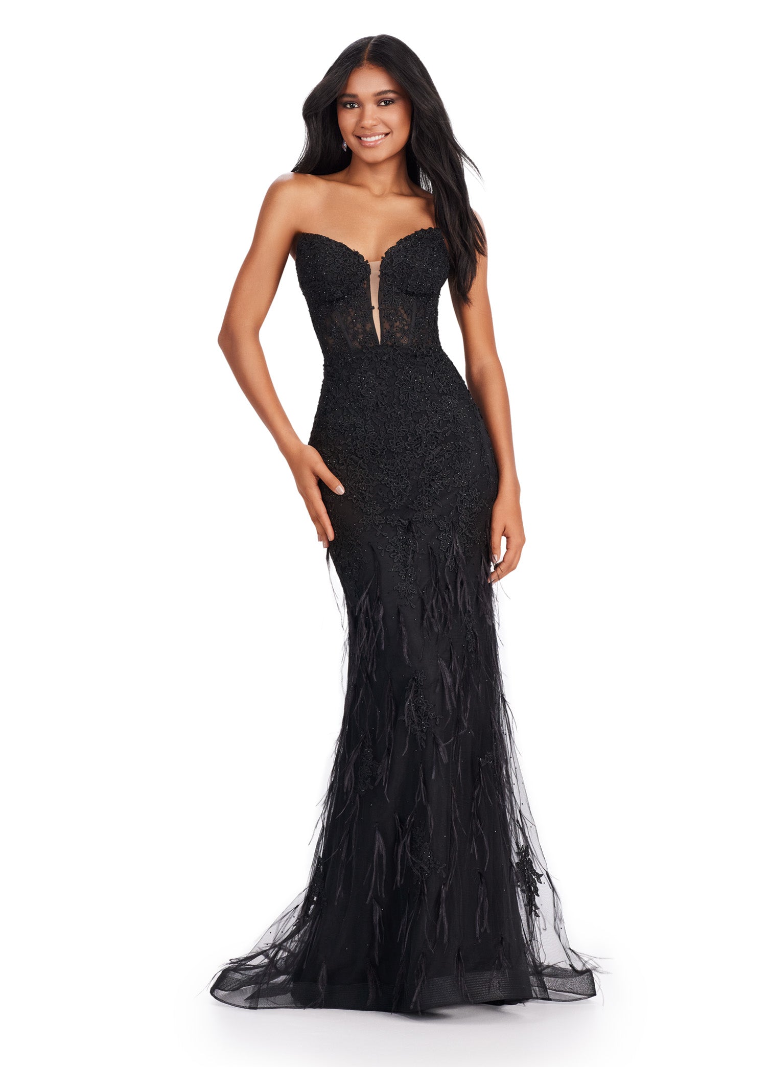 Elevate your elegance with the Ashley Lauren 11483 Long Prom Dress. This striking gown features a corset bodice, strapless design, and exquisite embroidered details. The v-neckline adds a touch of allure while the feather details bring a playful element. Perfect for formal events or pageants. Slay the night away in this lace embroidered gown. This dress features a strapless neckline and feathers throughout to help you feel fabulous.