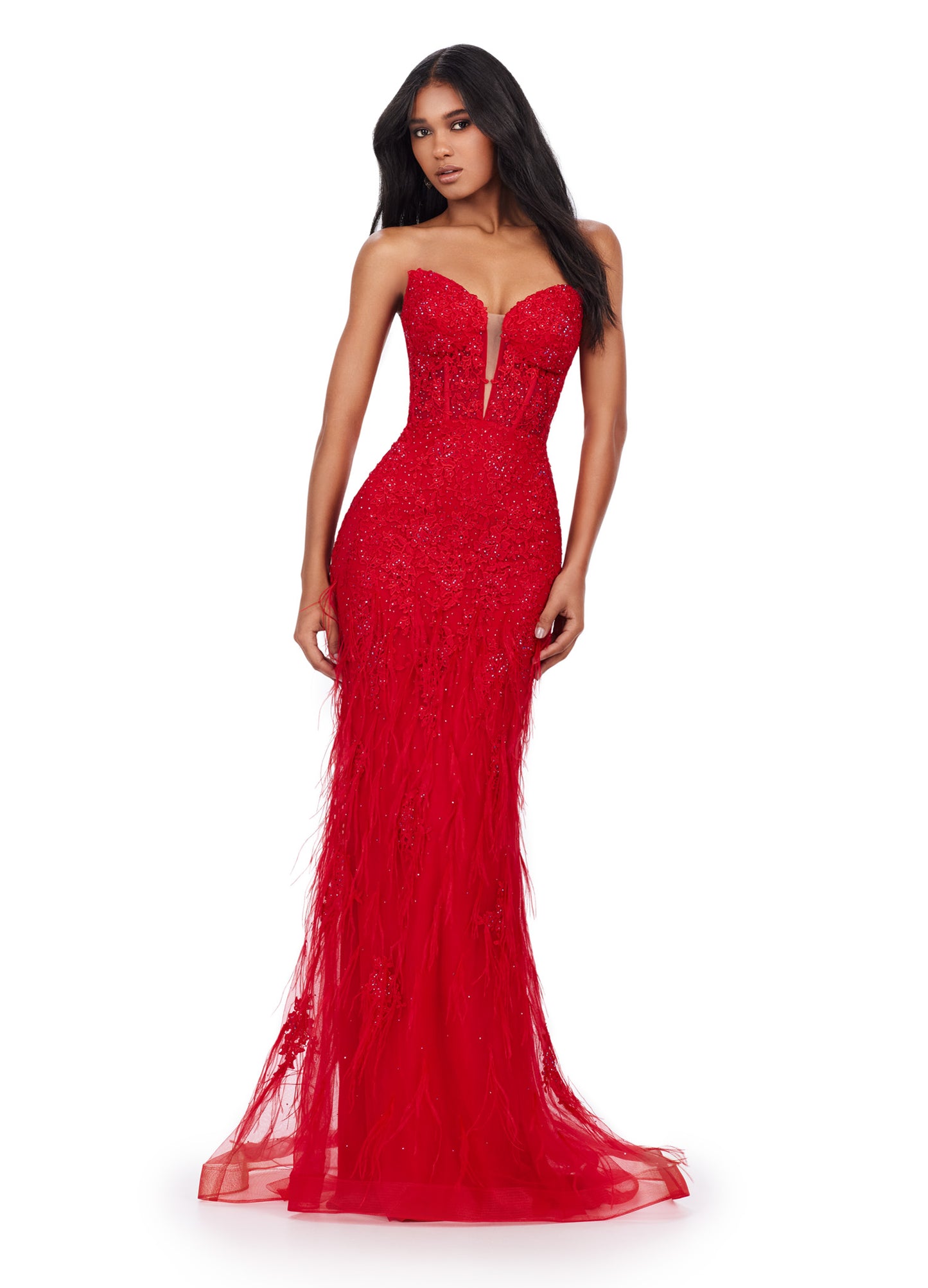 Elevate your elegance with the Ashley Lauren 11483 Long Prom Dress. This striking gown features a corset bodice, strapless design, and exquisite embroidered details. The v-neckline adds a touch of allure while the feather details bring a playful element. Perfect for formal events or pageants. Slay the night away in this lace embroidered gown. This dress features a strapless neckline and feathers throughout to help you feel fabulous.