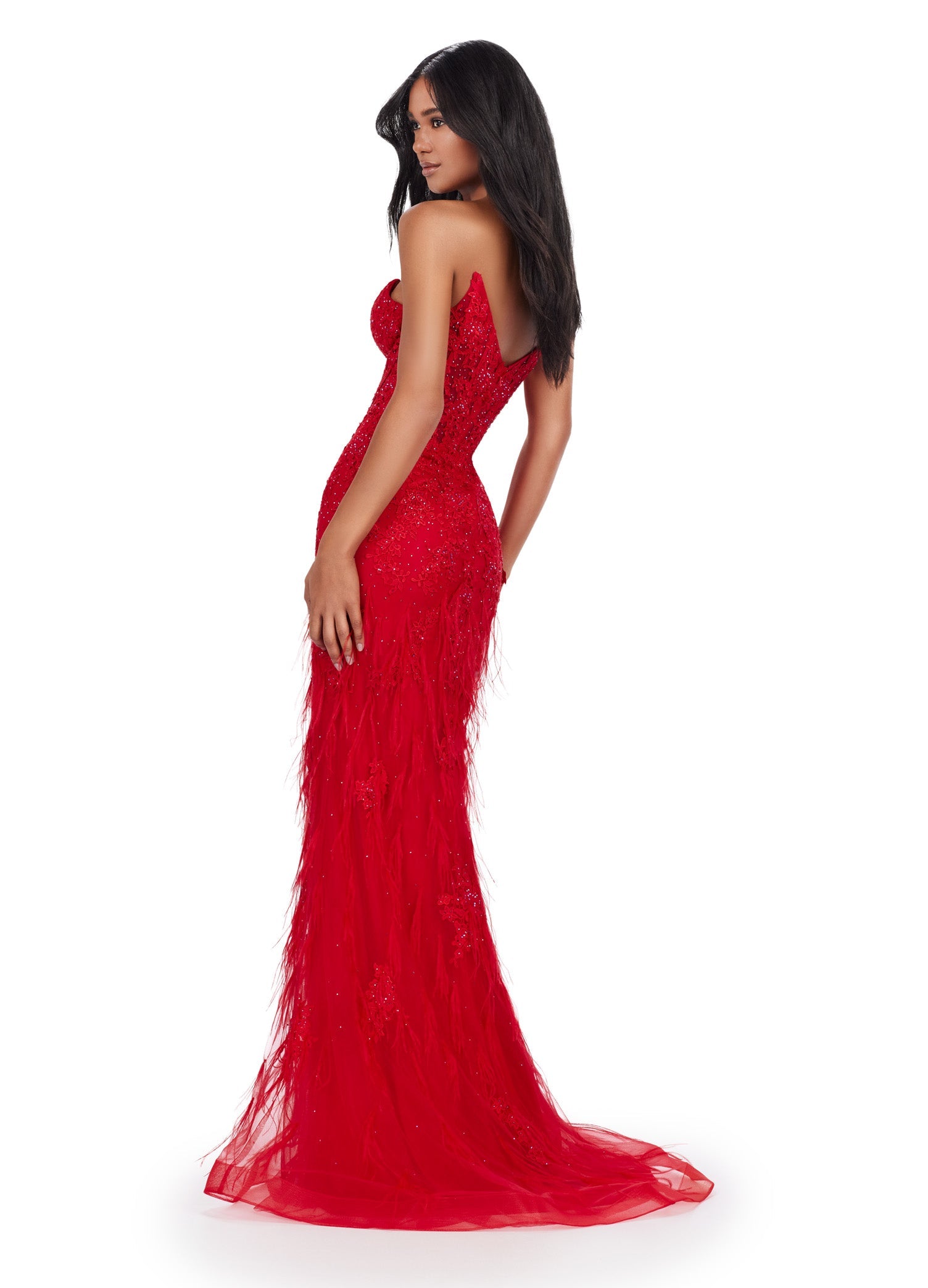 Elevate your elegance with the Ashley Lauren 11483 Long Prom Dress. This striking gown features a corset bodice, strapless design, and exquisite embroidered details. The v-neckline adds a touch of allure while the feather details bring a playful element. Perfect for formal events or pageants. Slay the night away in this lace embroidered gown. This dress features a strapless neckline and feathers throughout to help you feel fabulous.