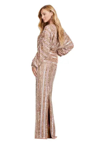 Be the star of any event with the Ashley Lauren 11490 Long Prom Dress. Its stunning V-neck, sequin detailing, and dolman sleeves add the perfect touch of glamour. This elegant evening gown is also perfect for formal events, pageants, and more. Make a statement with this timeless and sophisticated piece. Fun and fabulous! This elegant, fully beaded gown features a v-neckline and dolman sleeves to give the perfect amount of glam at your next event.