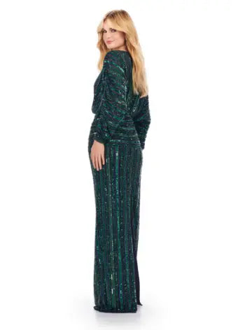 Be the star of any event with the Ashley Lauren 11490 Long Prom Dress. Its stunning V-neck, sequin detailing, and dolman sleeves add the perfect touch of glamour. This elegant evening gown is also perfect for formal events, pageants, and more. Make a statement with this timeless and sophisticated piece. Fun and fabulous! This elegant, fully beaded gown features a v-neckline and dolman sleeves to give the perfect amount of glam at your next event.