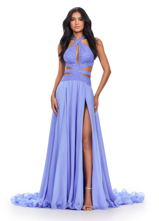 Elevate your formal attire with the Ashley Lauren 11504 Long Prom Dress. The cut out gown boasts a beaded bustier and chiffon skirt, creating a stunning silhouette that will turn heads. Perfect for prom, pageants, or any special occasion. Make a statement in this elegant and fashionable dress. Feel like royalty in this fabulous chiffon gown. The fully beaded bustier features intricate cut outs and an open back that'll be sure to set you apart from the crowd.