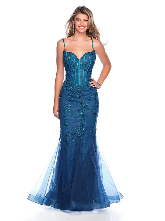 Elevate your prom look with the Dave &amp; Johnny 11511 Shimmer Lace Mermaid Corset Dress. This formal fit &amp; flare gown combines a corset bodice with shimmering lace for a sophisticated and figure-flattering style. Stand out in luxury and elegance at your special event.

Sizes: 00-16

Colors: Peacock