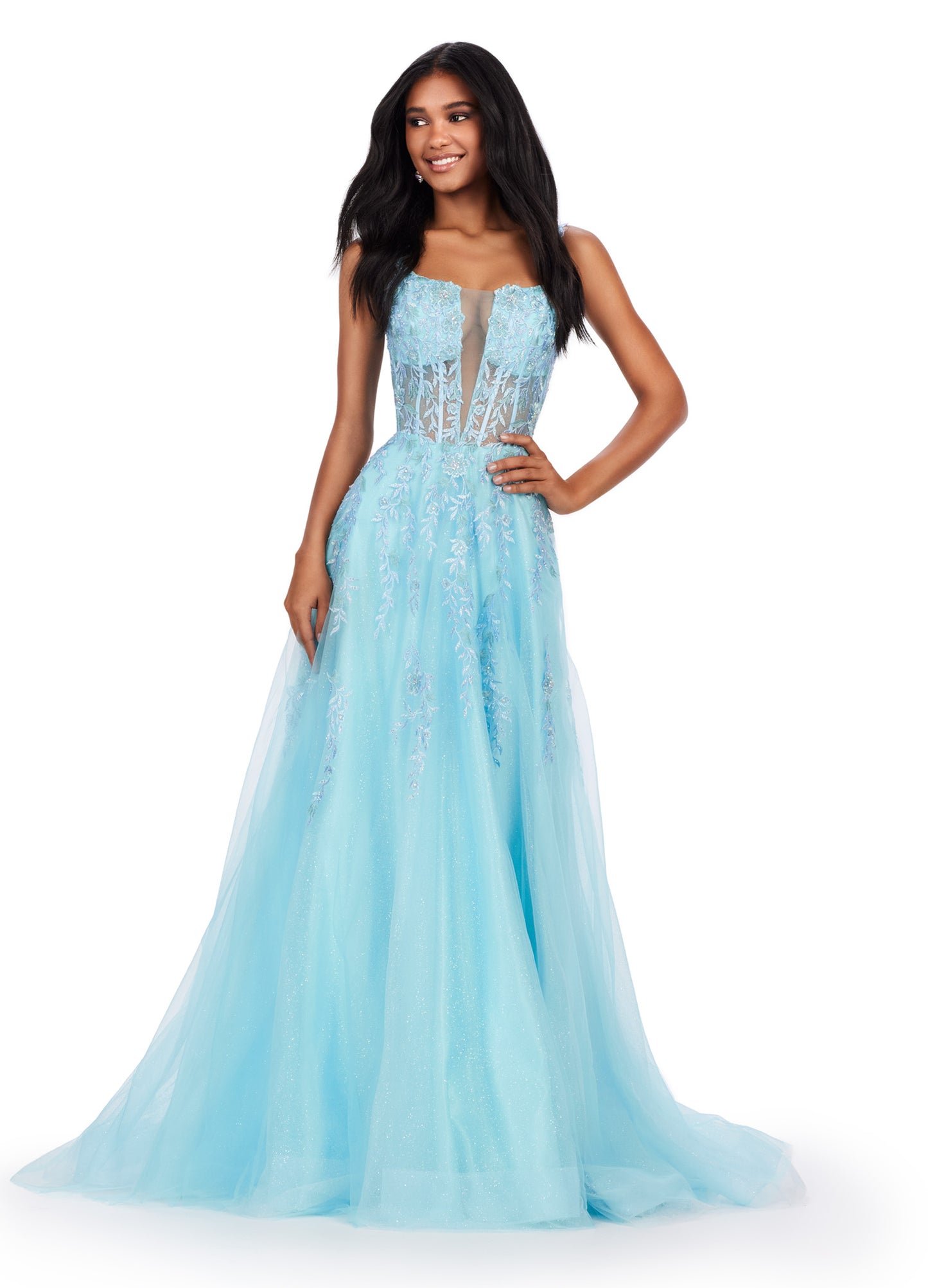 Step into the spotlight in the Ashley Lauren 11526 Long Prom Dress. Featuring spaghetti straps, a V-neckline, and a glitter tulle skirt, this gown is perfect for any formal event or pageant. With its elegant design and flattering silhouette, you'll feel like a star all night long. Living in a fairytale! This spaghetti strap gown features a v neckline with a lace applique bodice. The lace up back and glitter tulle skirt complete the look.