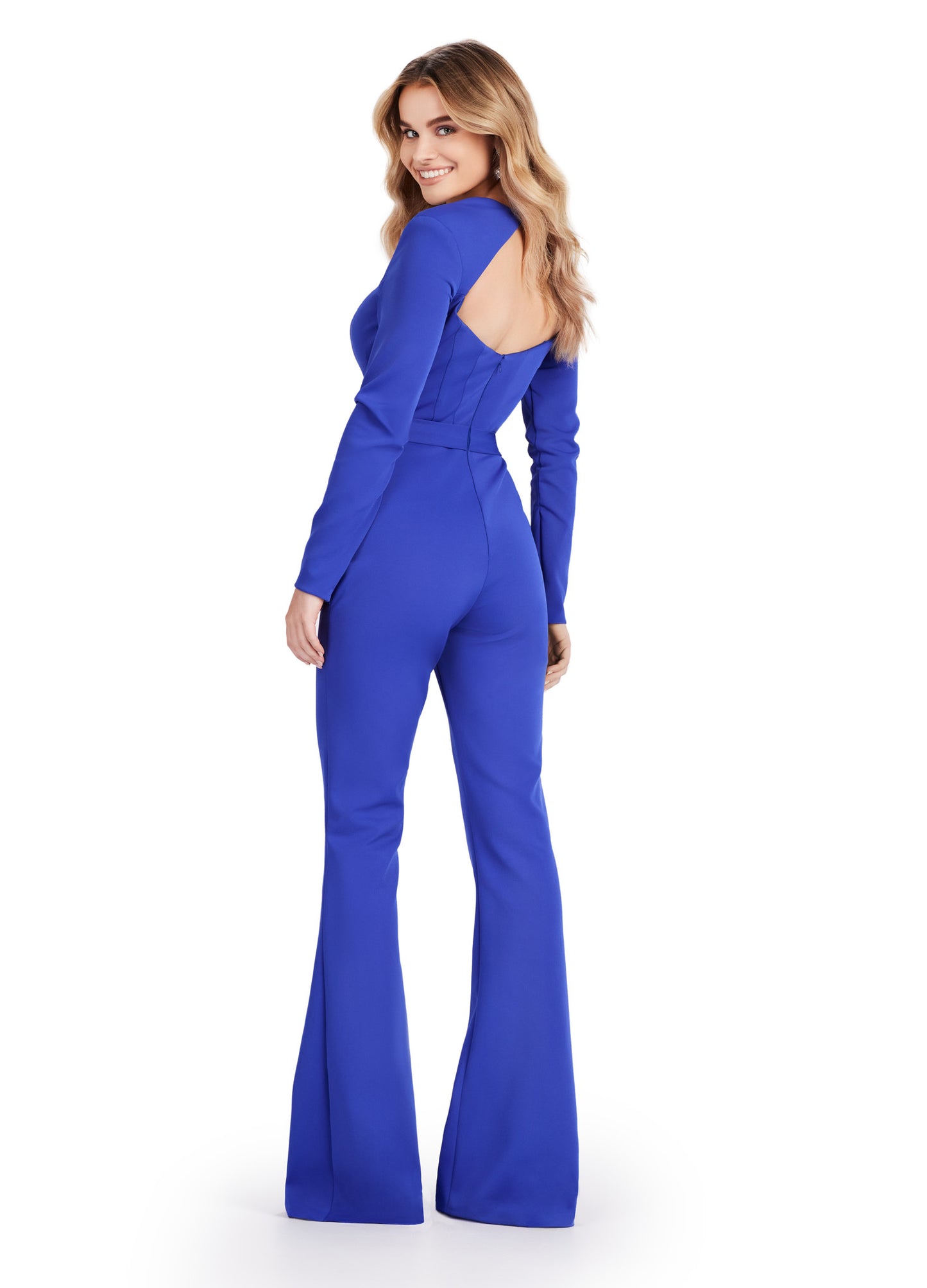 Upgrade your formal attire with the Ashley Lauren 11530 Long Sleeve Scuba Jumpsuit. The square neck and long sleeves add a touch of sophistication, while the scuba fabric provides a flattering fit. Perfect for prom or any special occasion, this jumpsuit is sure to make a statement. Fall in love with this long sleeve scuba jumpsuit with square neckline.