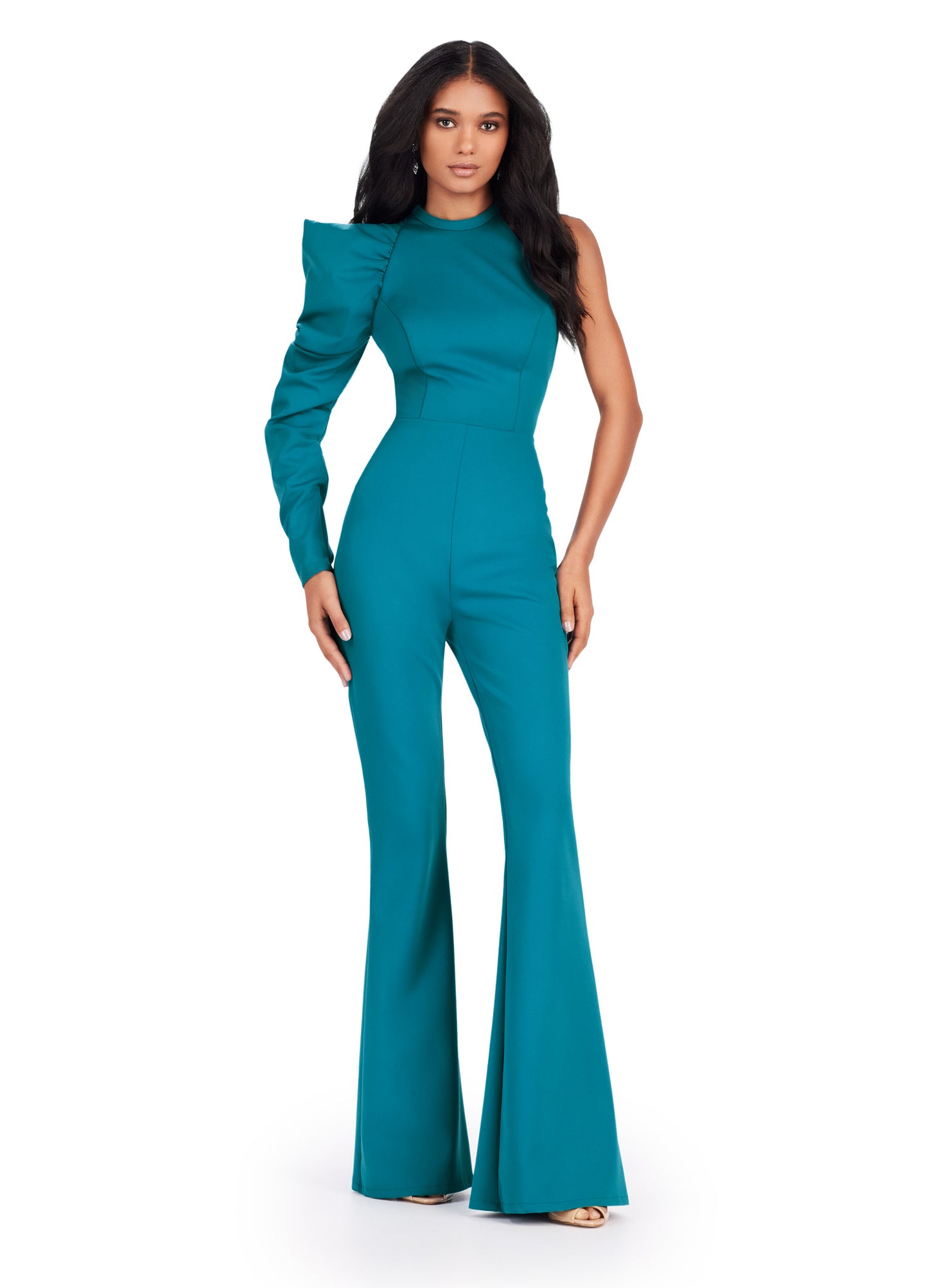 Effortlessly elegant, the Ashley Lauren 11531 Prom One Shoulder Jumpsuit exudes sophistication with its scuba material and one-shoulder design. The added puff sleeve detail adds a touch of drama to this formal piece. Embrace a modern and stylish look with this jumpsuit for any special occasion. Be remembered in this scuba one shoulder jumpsuit with exaggerated puff sleeve.