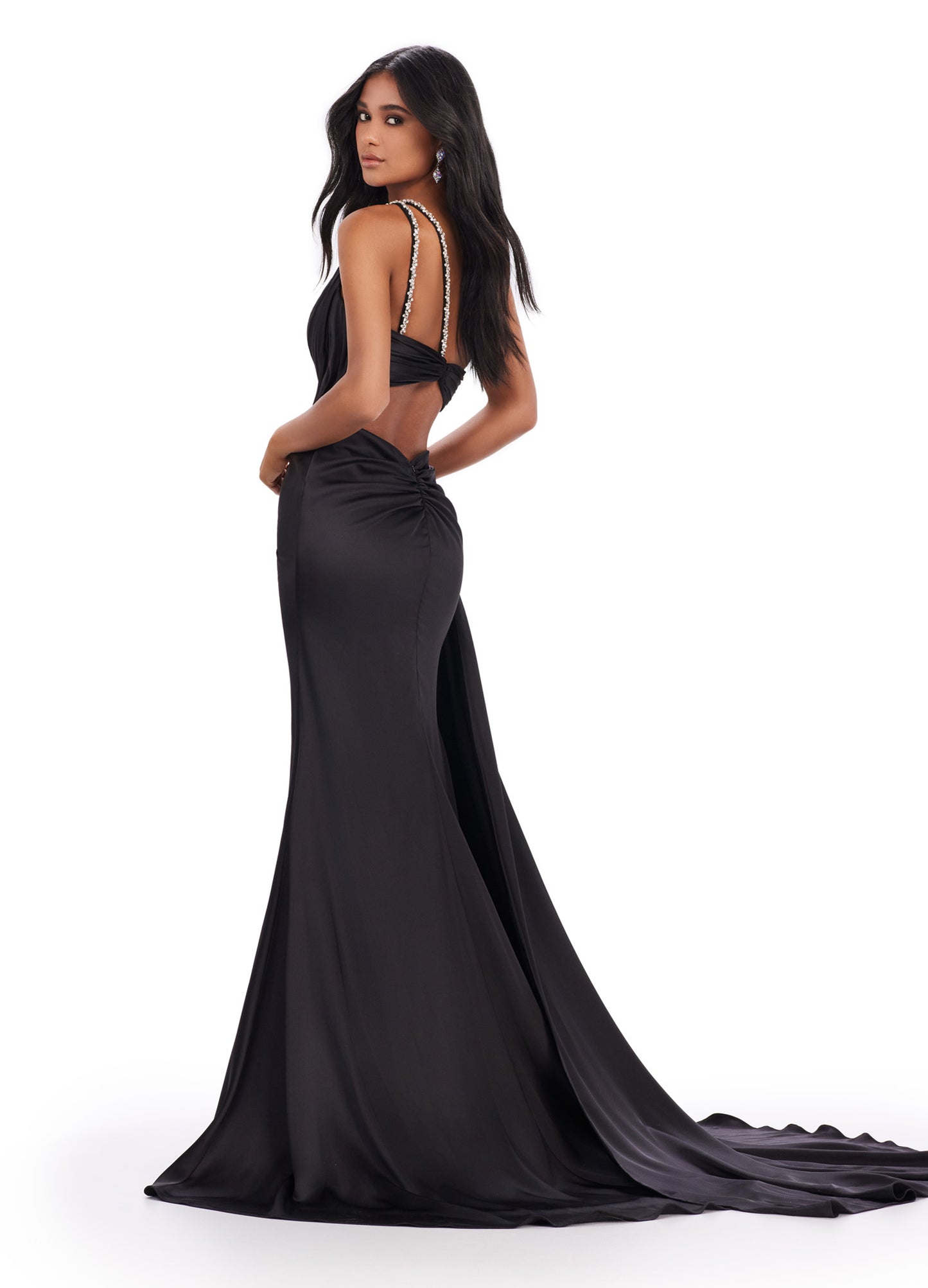 Look stunning in this Ashley Lauren 11537 Long Prom Dress. The one shoulder design and draped satin fabric flatter your figure, while the intricate beading adds a touch of elegance. Perfect for formal events and pageants. Slay at your next event in this one shoulder satin gown. This dress features a draped design with beaded straps and waist accents. The side skirt helps add a touch of glamour.