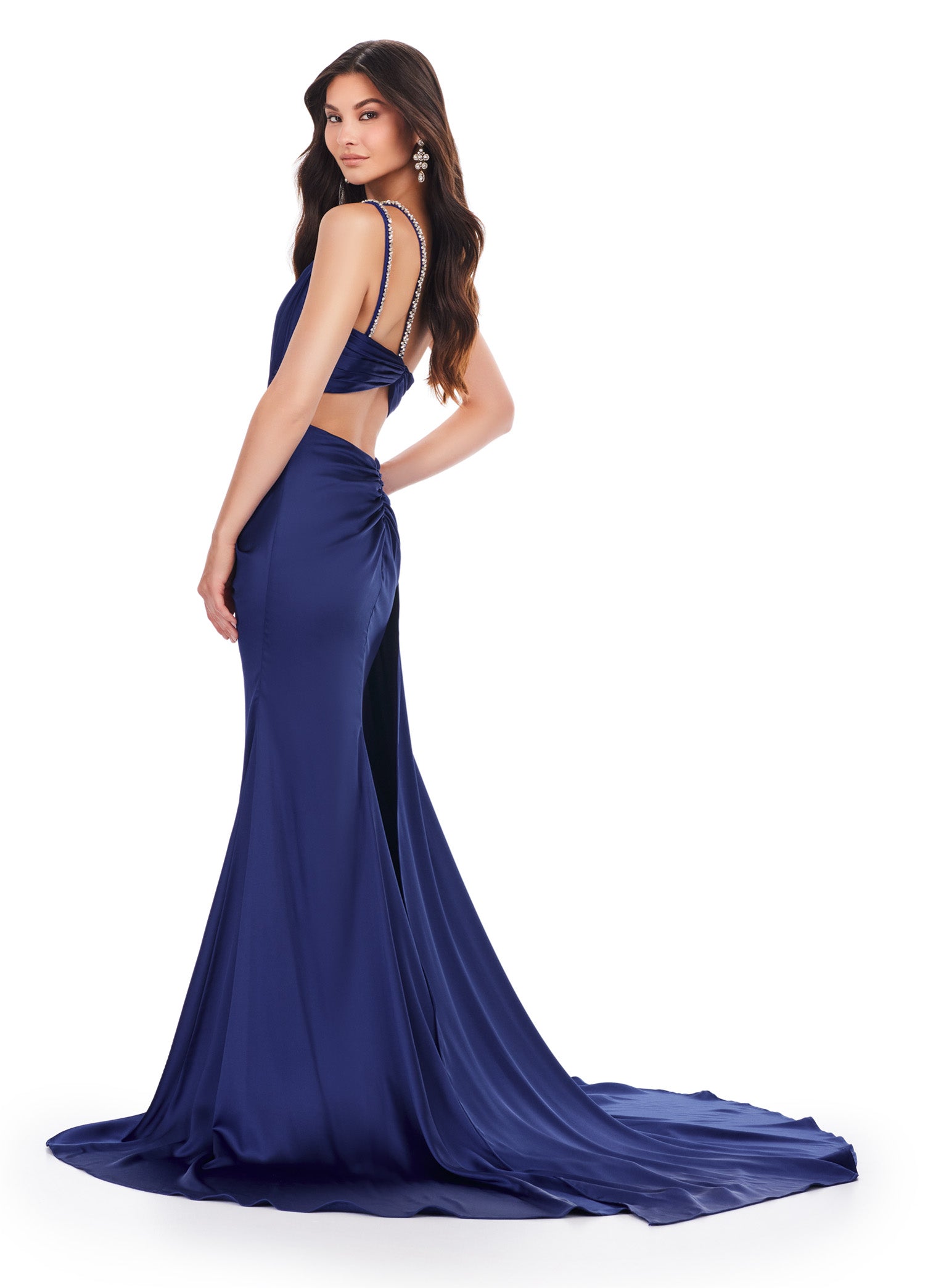 Look stunning in this Ashley Lauren 11537 Long Prom Dress. The one shoulder design and draped satin fabric flatter your figure, while the intricate beading adds a touch of elegance. Perfect for formal events and pageants. Slay at your next event in this one shoulder satin gown. This dress features a draped design with beaded straps and waist accents. The side skirt helps add a touch of glamour.