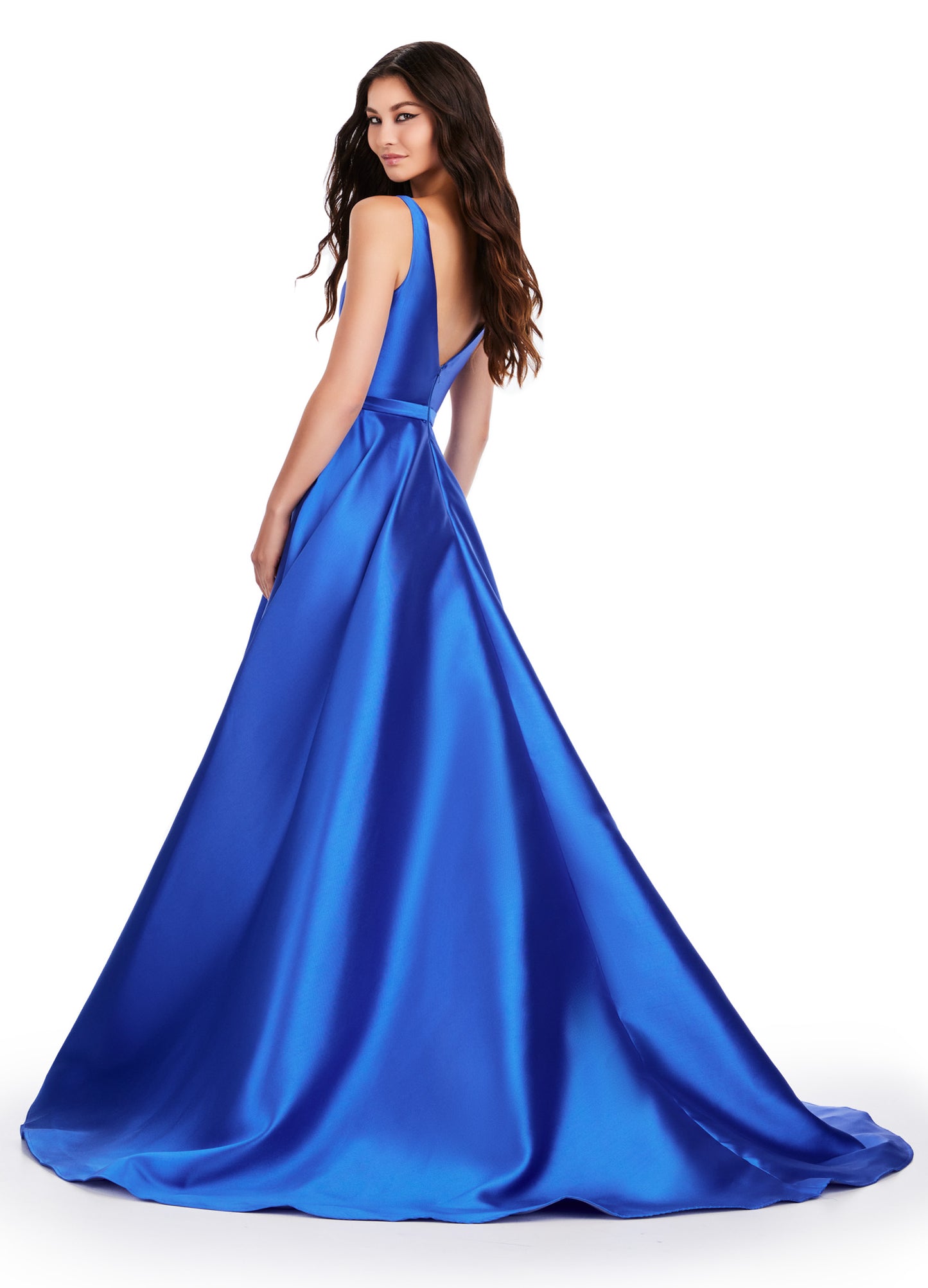 Elevate any event with the Ashley Lauren 11541 Long Prom Dress. The V-neck Mikado gown features a sweeping train for a formal and pageant-ready look. Turn heads with this elegant and expertly crafted gown. A classic! This v neck Mikado ball gown features a gorgeous sweep train and a waist detail.