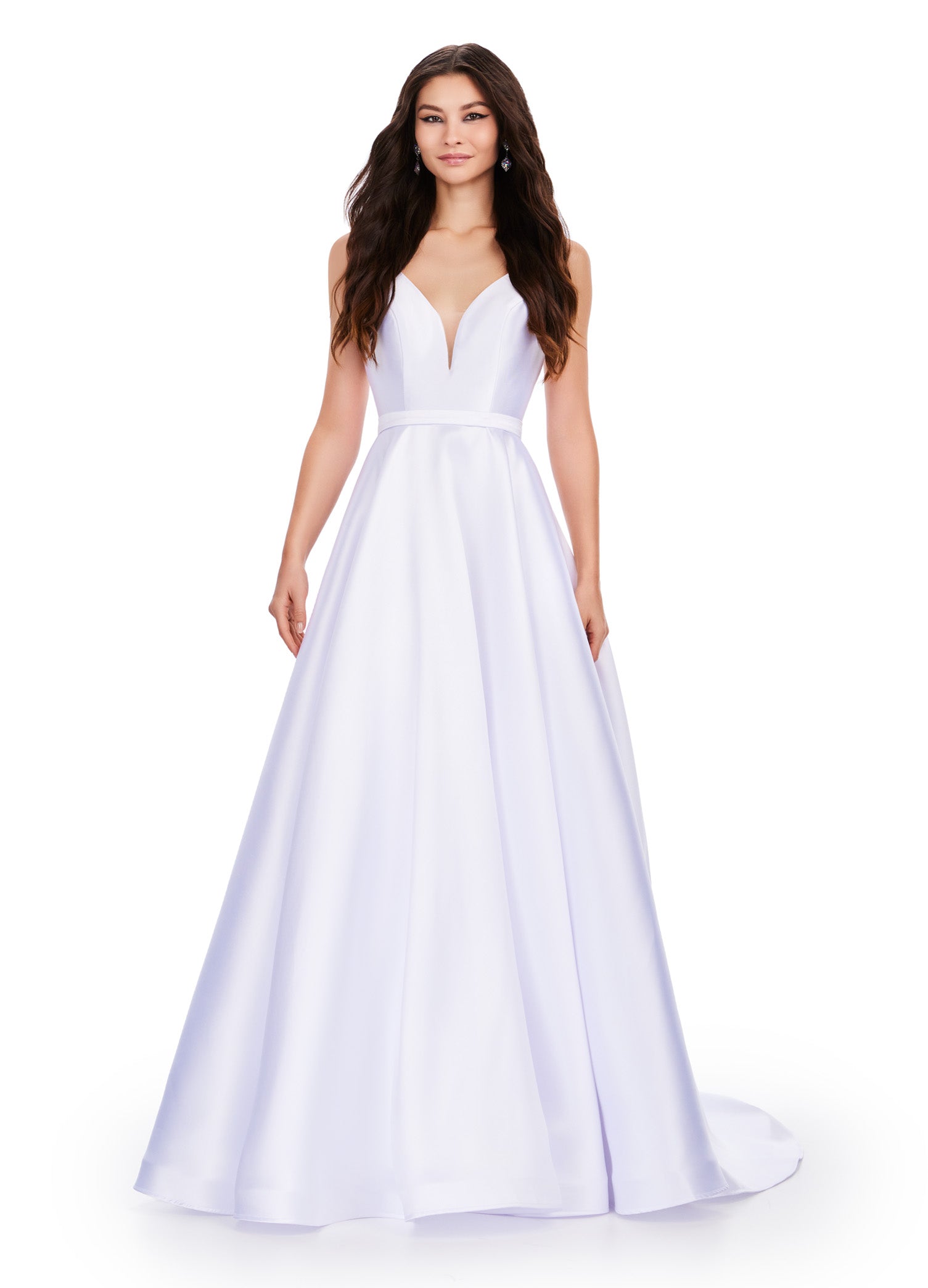 Elevate any event with the Ashley Lauren 11541 Long Prom Dress. The V-neck Mikado gown features a sweeping train for a formal and pageant-ready look. Turn heads with this elegant and expertly crafted gown. A classic! This v neck Mikado ball gown features a gorgeous sweep train and a waist detail.