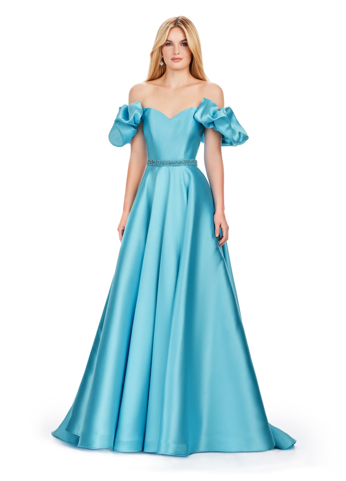 Elevate your prom night look with the Ashley Lauren 11542 long prom dress. Featuring an off-shoulder neckline and a gorgeous ball gown silhouette, this formal pageant gown is crafted from Mikado fabric for a luxurious feel. The puff sleeves add a playful touch, making you stand out from the crowd. Off the shoulder Mikado ball gown with puff sleeve details. The look is complete with a beaded waistline.