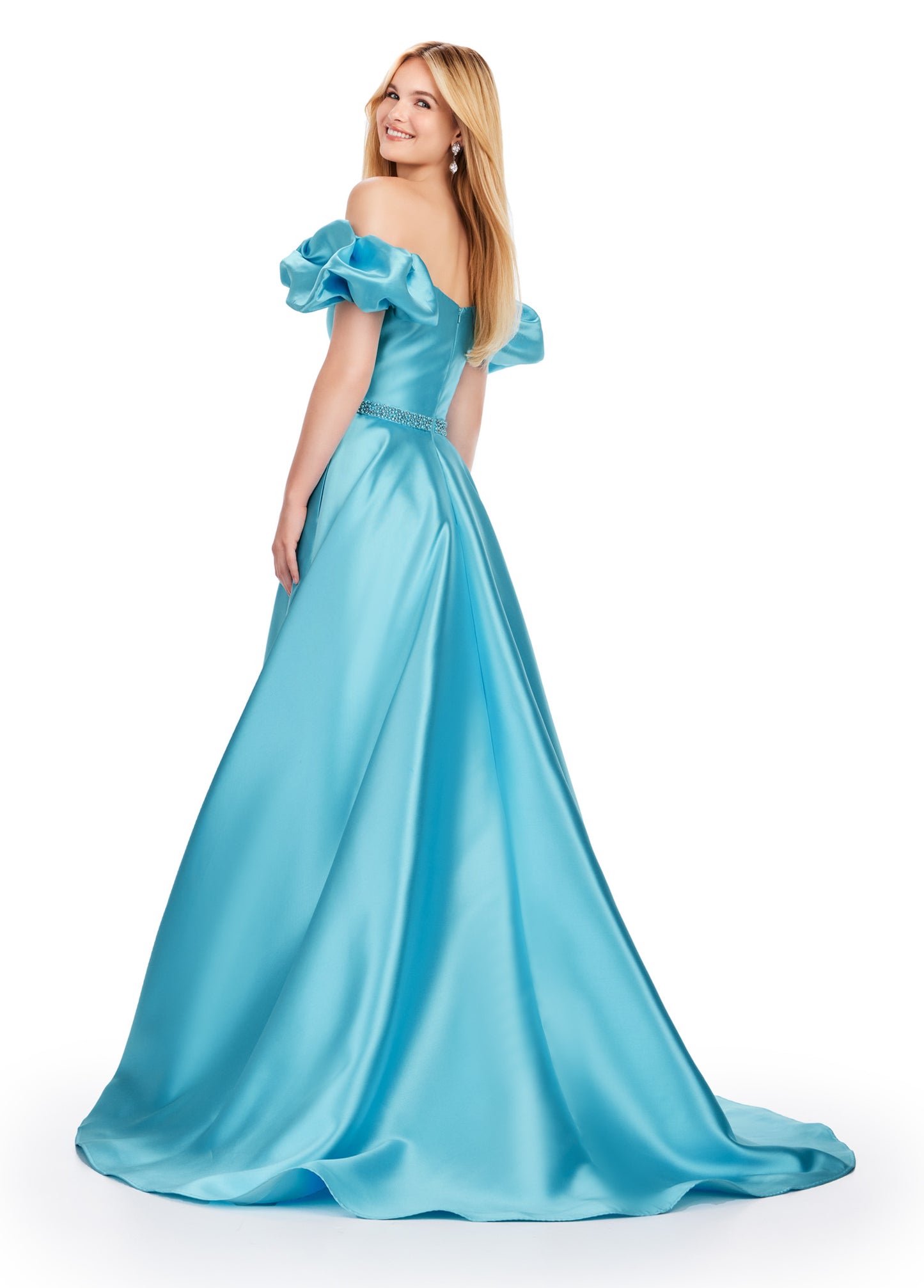 Elevate your prom night look with the Ashley Lauren 11542 long prom dress. Featuring an off-shoulder neckline and a gorgeous ball gown silhouette, this formal pageant gown is crafted from Mikado fabric for a luxurious feel. The puff sleeves add a playful touch, making you stand out from the crowd. Off the shoulder Mikado ball gown with puff sleeve details. The look is complete with a beaded waistline.