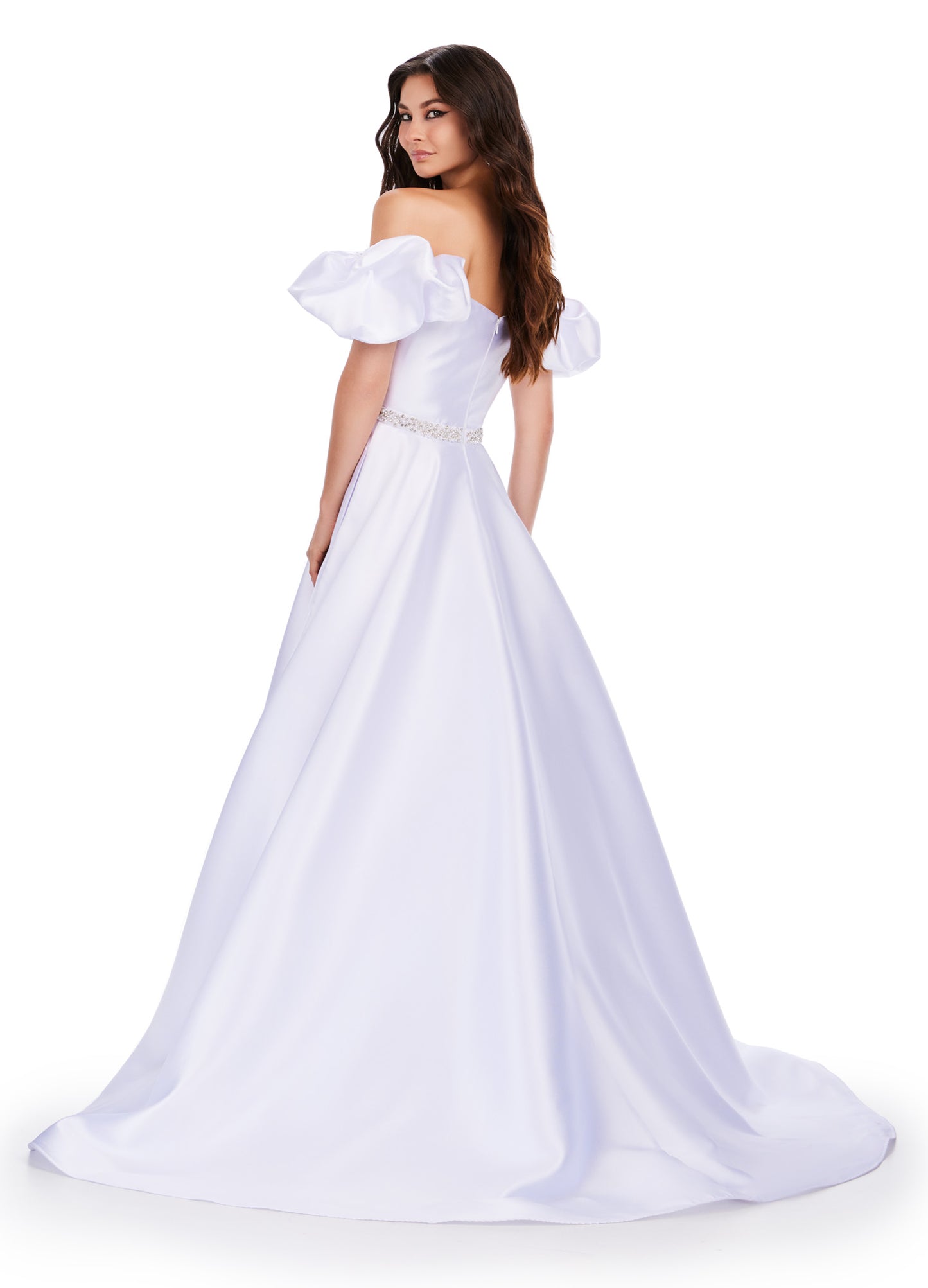 Elevate your prom night look with the Ashley Lauren 11542 long prom dress. Featuring an off-shoulder neckline and a gorgeous ball gown silhouette, this formal pageant gown is crafted from Mikado fabric for a luxurious feel. The puff sleeves add a playful touch, making you stand out from the crowd. Off the shoulder Mikado ball gown with puff sleeve details. The look is complete with a beaded waistline.