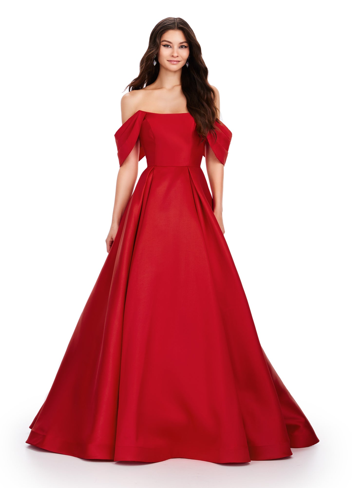 Expertly designed by Ashley Lauren, this stunning Prom Dress features an elegant off the shoulder neckline and a full ballgown skirt. Crafted with Mikado fabric, this formal evening gown exudes sophistication and style. Perfect for any special occasion, this dress is sure to make you stand out with its timeless design and impeccable fit. An off shoulder gown perfect for any event. This Mikado ball gown features a pleated off shoulder detail.