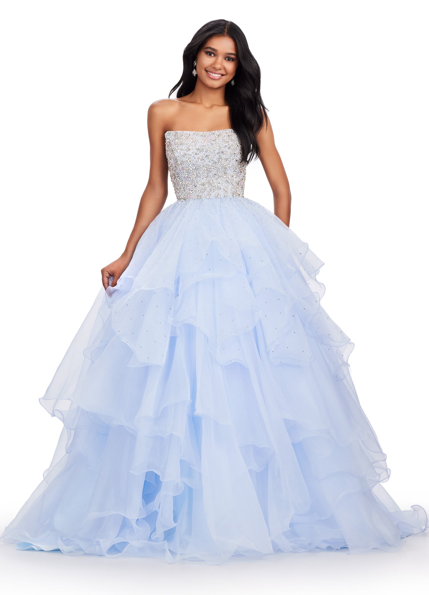 Expertly crafted and designed for a show-stopping appearance, the Ashley Lauren 11545 Long Prom Dress is sure to make you stand out at any formal event. With a strapless organza ball gown silhouette and a beaded bustier, this gown exudes elegance and glamour. Perfect for pageants or prom, this dress will make you feel confident and beautiful. The dreamiest dress! This strapless organza ball gown features a fully beaded bustier and ruffled organza skirt. 