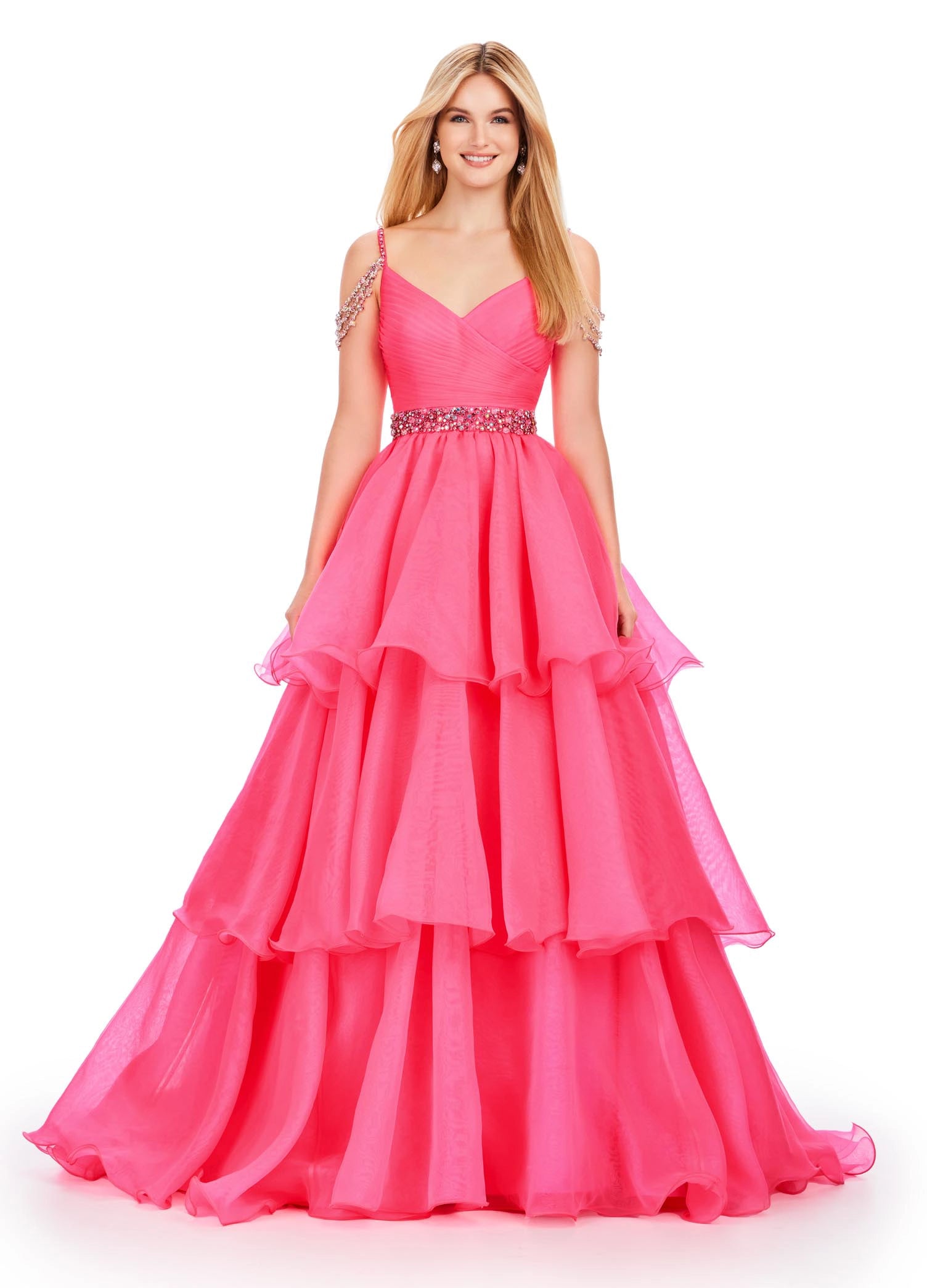 The Ashley Lauren 11561 is the perfect formal dress for prom, pageants, and galas. Featuring off-the-shoulder straps, a crystal embellished bodice, and tiered organza long layer skirt, this gown will ensure you make a statement. Enjoy a comfortable and stylish night in this elegant gown. 