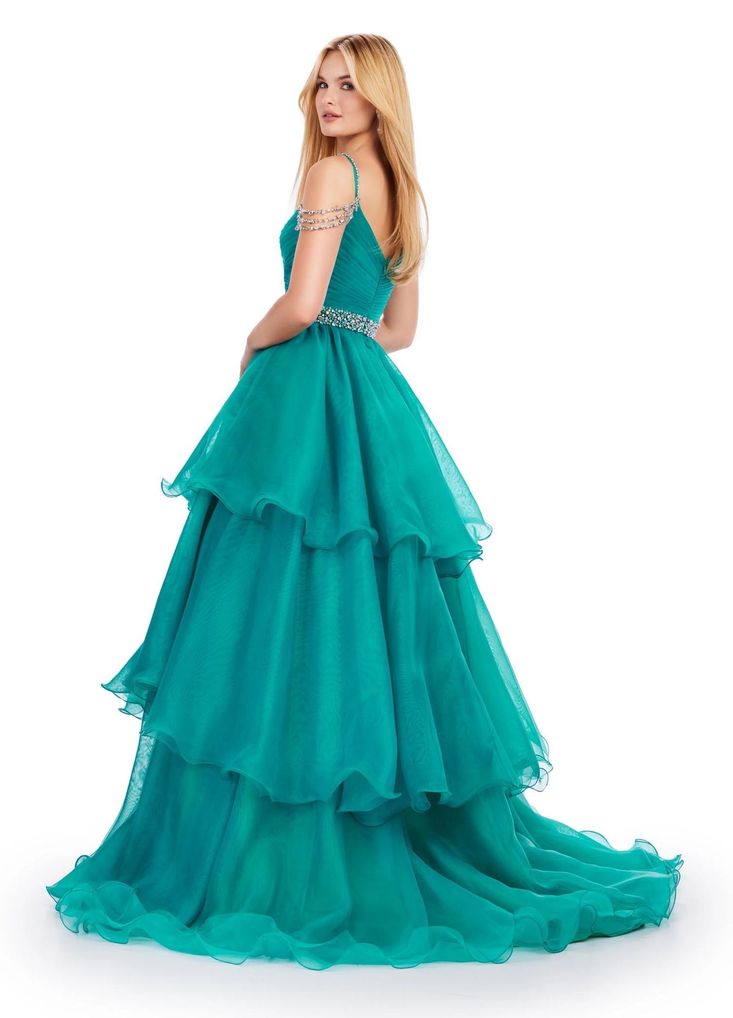 The Ashley Lauren 11561 is the perfect formal dress for prom, pageants, and galas. Featuring off-the-shoulder straps, a crystal embellished bodice, and tiered organza long layer skirt, this gown will ensure you make a statement. Enjoy a comfortable and stylish night in this elegant gown. 