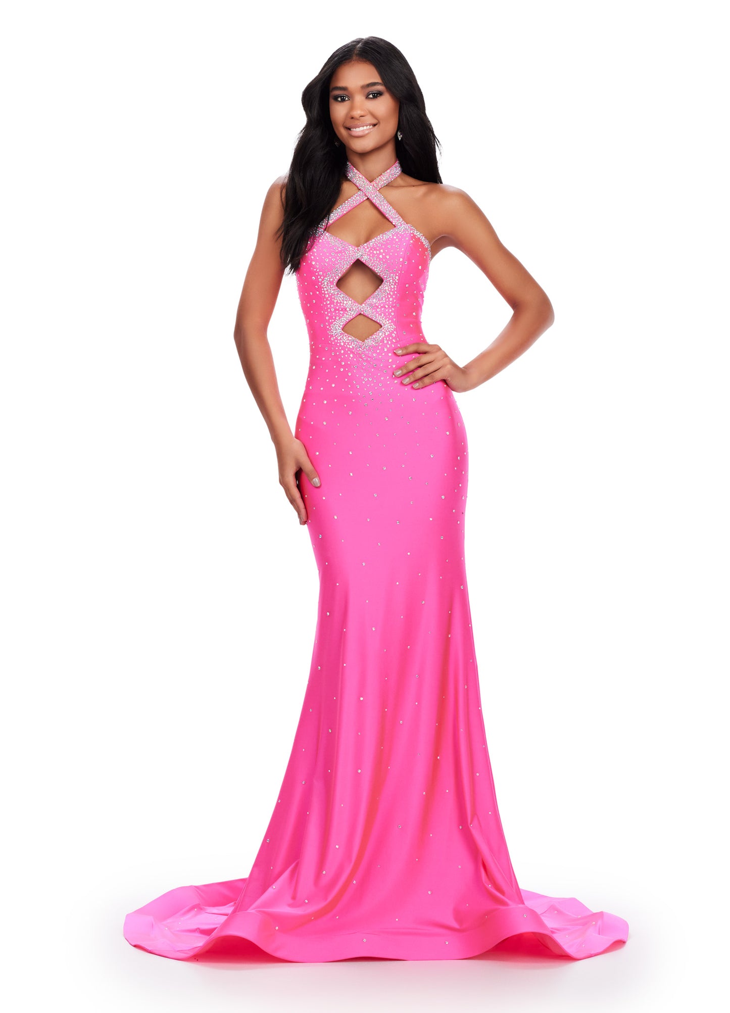 Be the star of the prom with the Ashley Lauren 11578 Long Prom Dress. Designed with a mermaid silhouette and cut-outs, this elegant gown is made of high-quality jersey fabric. The dress also features press on stones, adding a touch of glamour. Perfect for formal events and pageants. Dance the night away in this edgy and fabulous jersey gown. This dress features a halter design with cut outs and press on stones make this dress stand out.