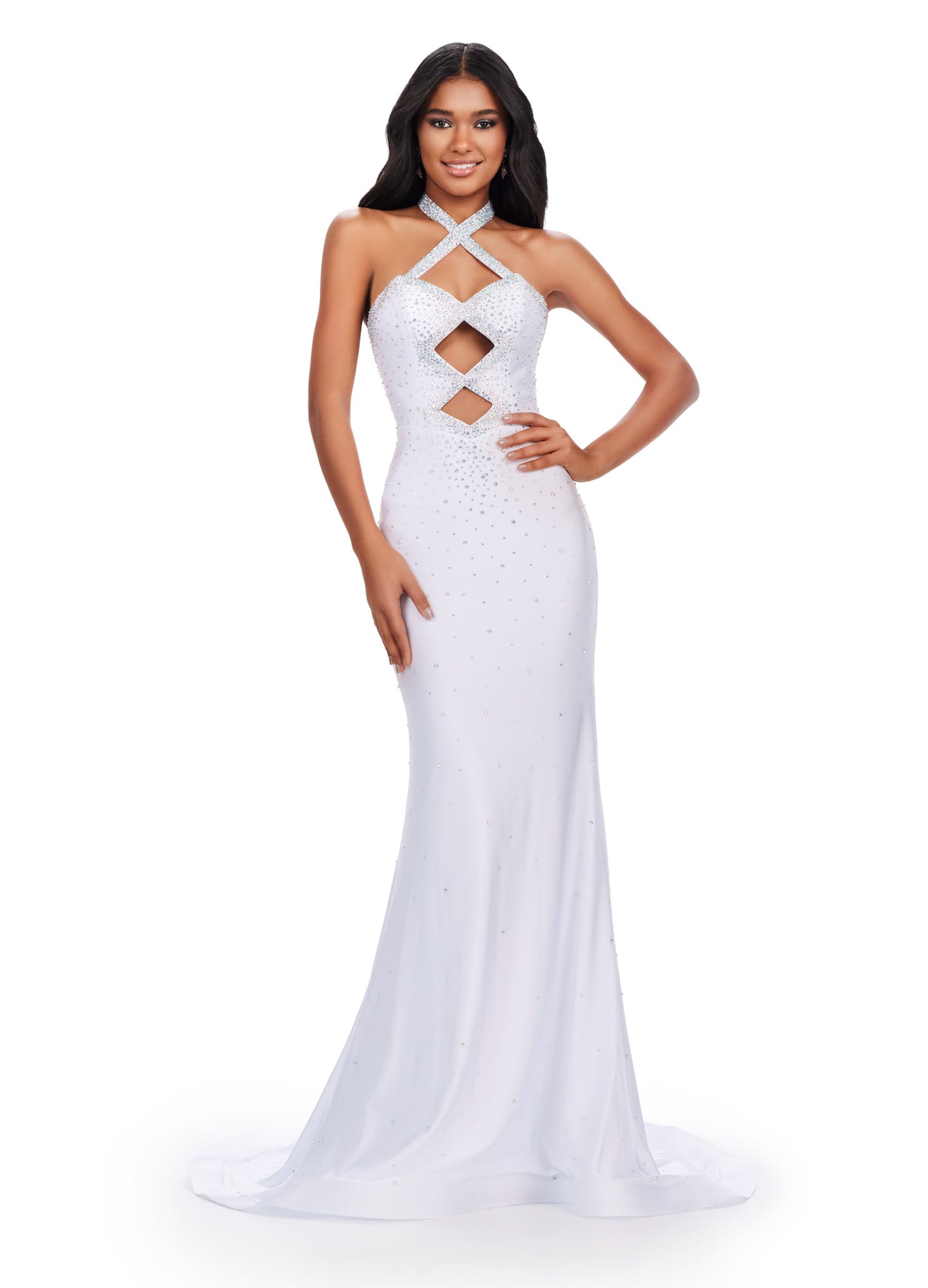 Be the star of the prom with the Ashley Lauren 11578 Long Prom Dress. Designed with a mermaid silhouette and cut-outs, this elegant gown is made of high-quality jersey fabric. The dress also features press on stones, adding a touch of glamour. Perfect for formal events and pageants. Dance the night away in this edgy and fabulous jersey gown. This dress features a halter design with cut outs and press on stones make this dress stand out.