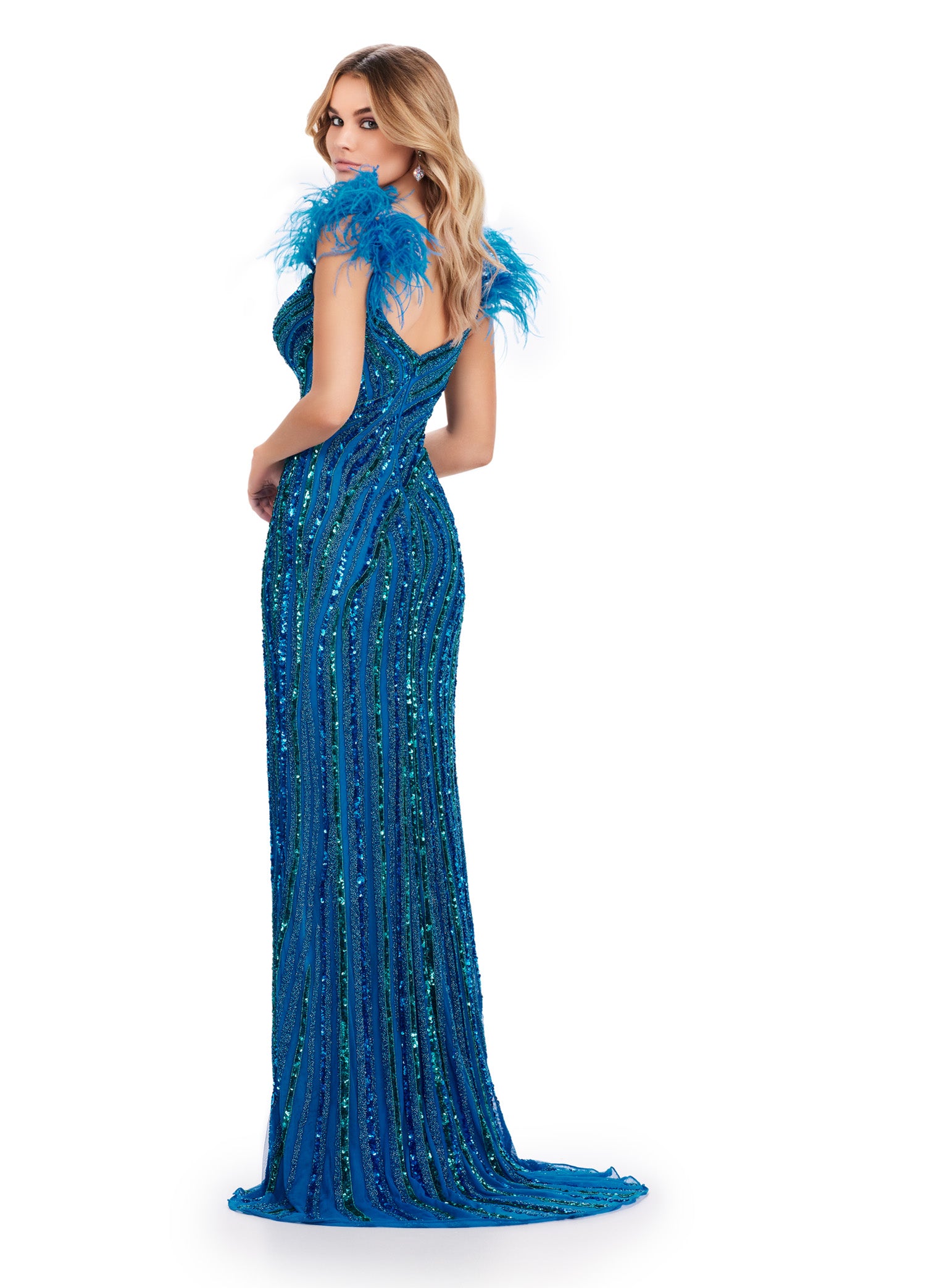 Elevate your style with the Ashley Lauren 11586 Long Prom Dress. This fully beaded dress features feather straps and a formal, pageant-worthy design. With its exquisite detailing and elegant silhouette, this dress will make you stand out and feel confident at your next special event. So glam! This style features a v-neckline complete with feather shoulder details. Intricate beading is scattered throughout the gown.