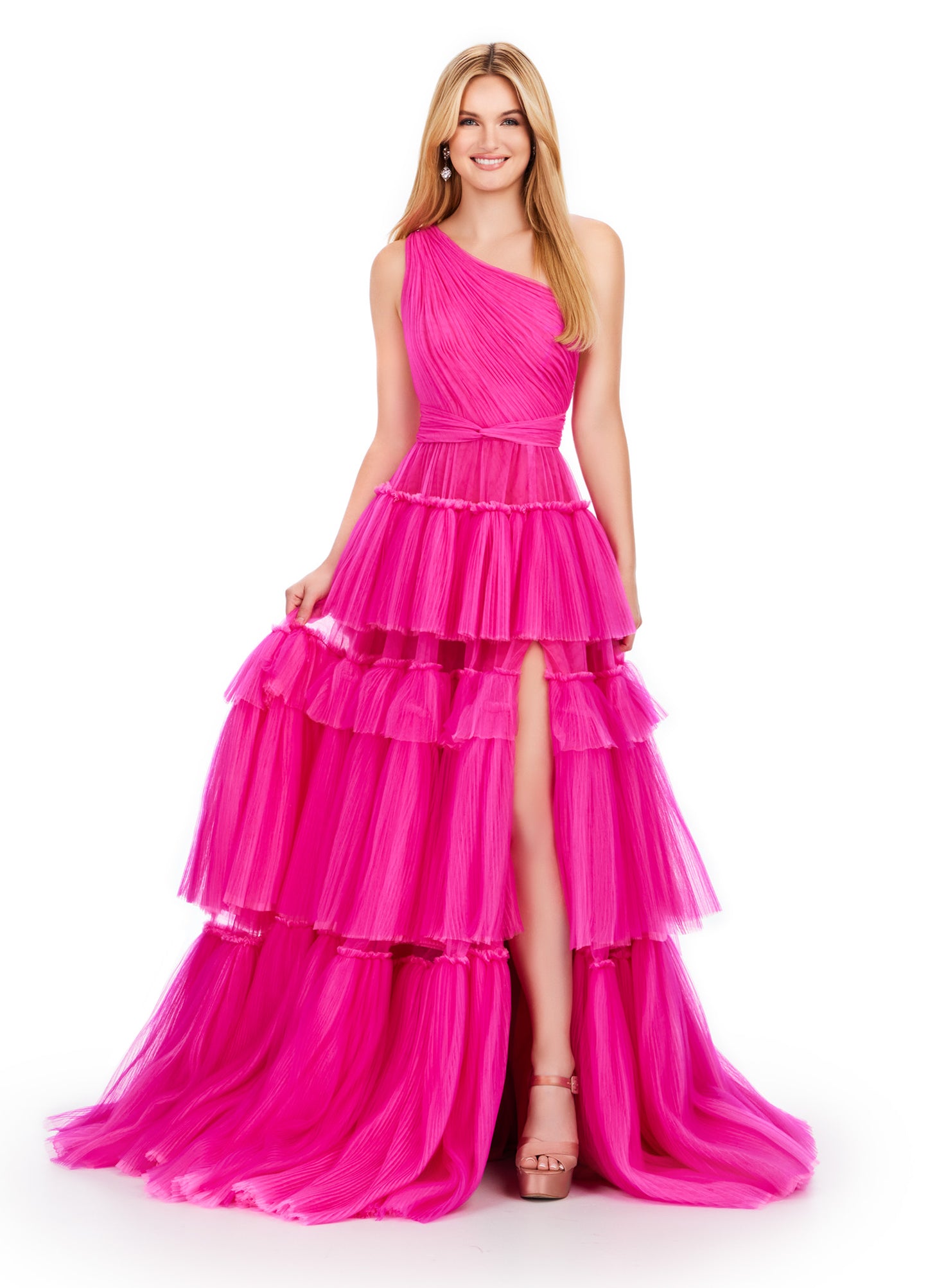 Turn heads at prom or pageants with the Ashley Lauren 11619 Long Prom Dress. This stunning two-tone tiered tulle ball gown features a sleek left leg slit, adding a touch of elegance to your look. Expertly crafted with top-quality materials, this dress is perfect for making a statement and feeling confident. Tiered dreams! This two-tone tired tulle ball gown features a one shoulder design and a left leg slit.