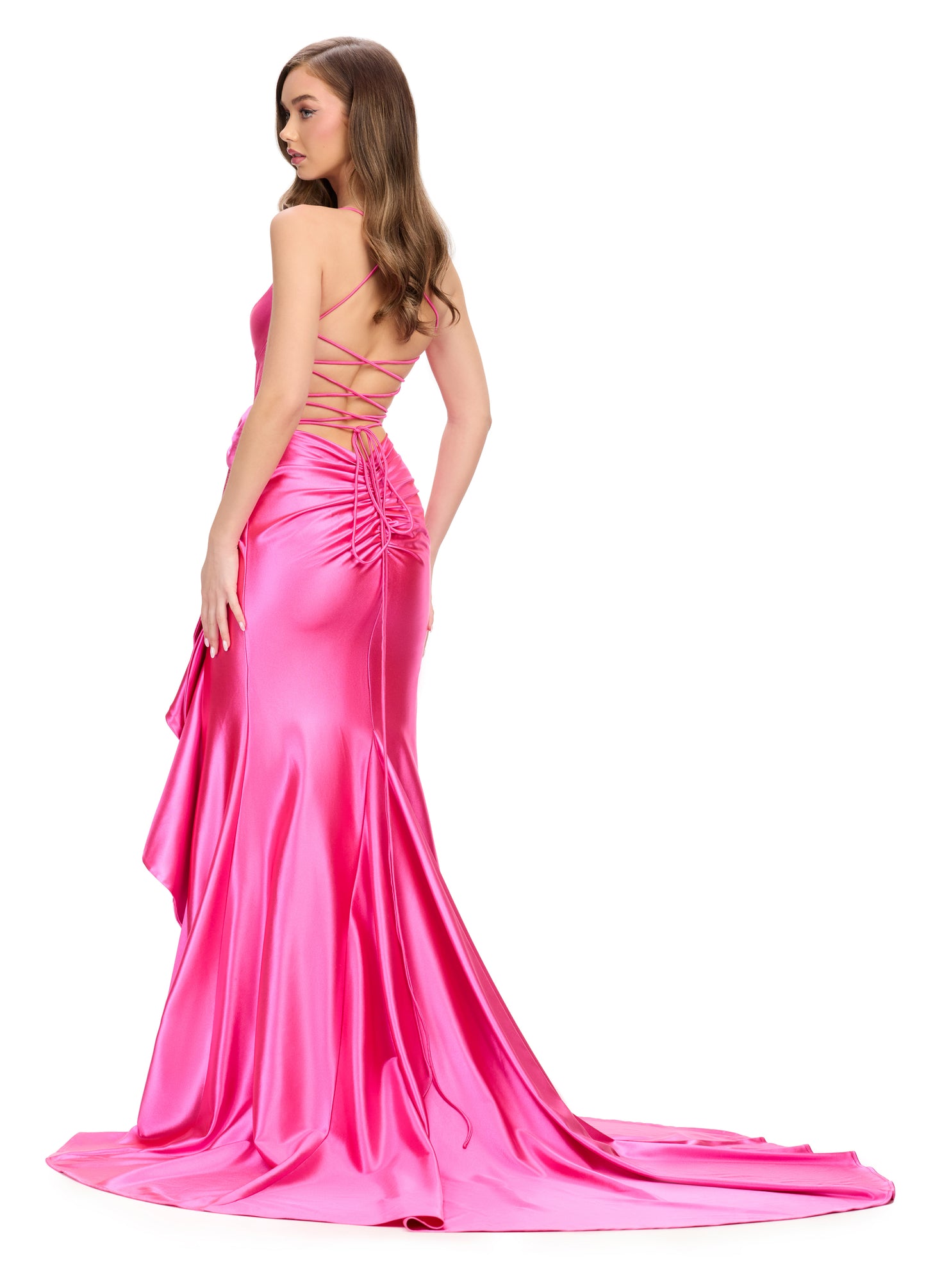 Ashley Lauren 11638 Long Prom Dress Corset Spaghetti Strap Cascading Bow Ruffle Formal Pageant Gown