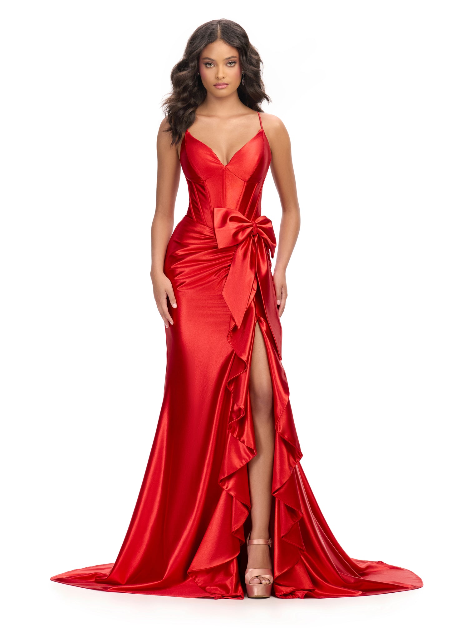 Ashley Lauren 11638 Long Prom Dress Corset Spaghetti Strap Cascading Bow Ruffle Formal Pageant Gown