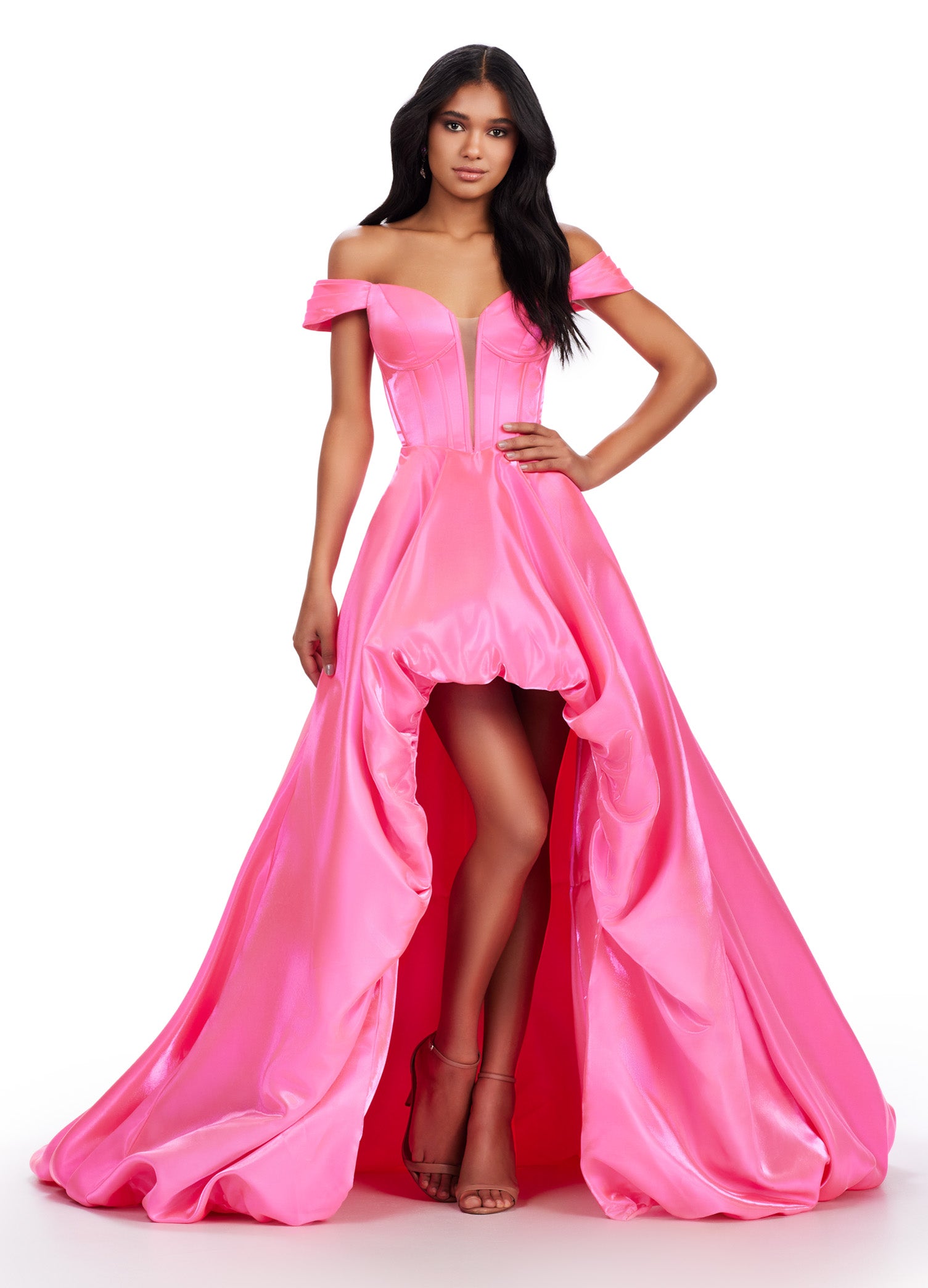 Experience effortless elegance in the Ashley Lauren 11641 Long Prom Dress. Featuring an off-shoulder neckline and high-low satin gown, this formal pageant gown exudes glamour and sophistication. Perfect for making a grand entrance and turning heads at any event. This glamorous satin off the shoulder high low bubble hem gown features a corset style bodice.