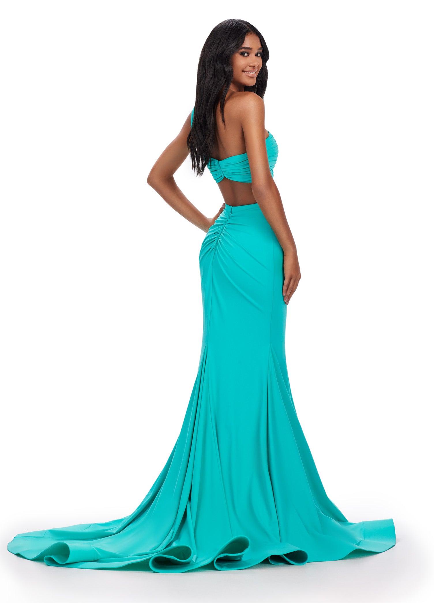 Expertly crafted by Ashley Lauren, the 11646 Long Prom Dress is a stunning two-piece gown fit for any formal occasion. Made with scuba fabric, the ruched one-shoulder bustier adds a touch of elegance to this pageant-worthy dress. Impress with impeccable style and grace. Two piece dreams! This two piece scuba gown features a ruched one shoulder bustier and a ruched detailed skirt.