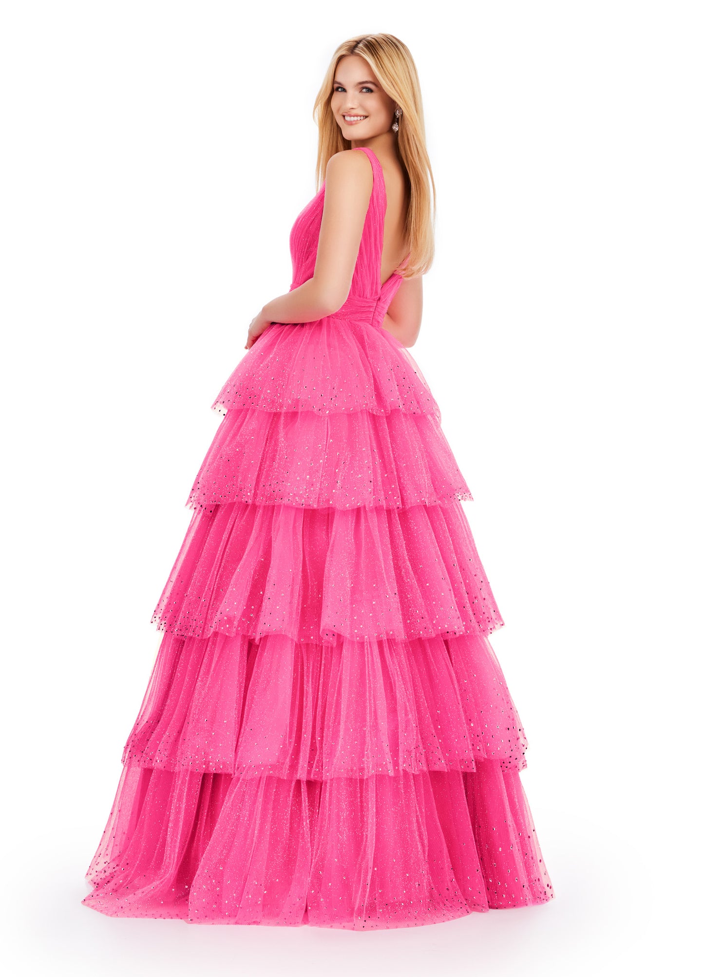 Ashley Lauren 11672 Long Layered Tulle Crystal Ball Gown Prom Dress Formal Pageant You are sure to stand out in this glitter tulle v-neckline ball gown! The glitter tulle is sure to sparkle with the added heat-set stones throughout the multi-tiered skirt.  COLORS: Lilac, Sky, Black, Hot Pink Sizes: 00-24 V-Neckline V-Back A-Line Tiered Ruffle Skirt