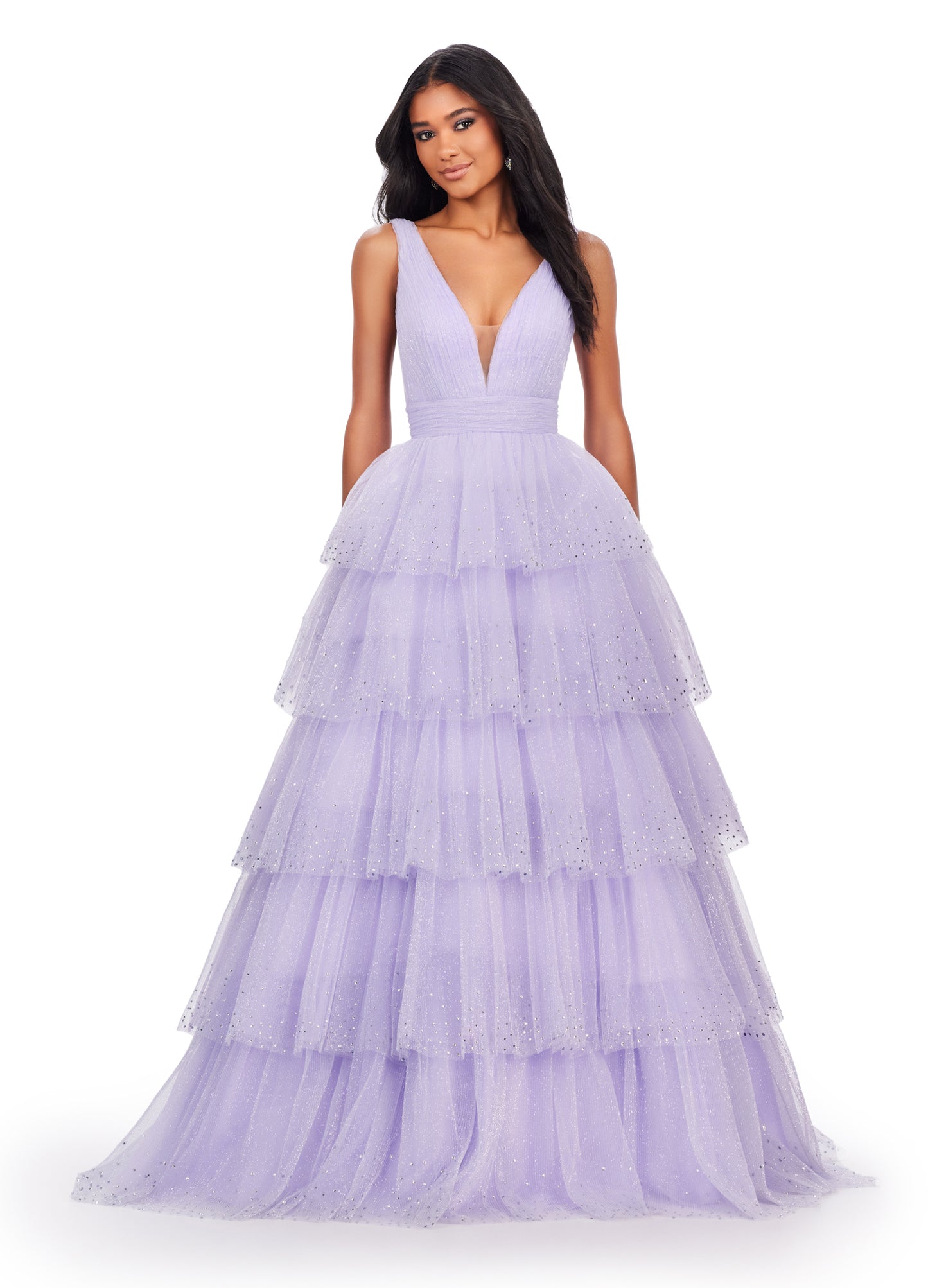 Ashley Lauren 11672 Long Layered Tulle Crystal Ball Gown Prom Dress Formal Pageant You are sure to stand out in this glitter tulle v-neckline ball gown! The glitter tulle is sure to sparkle with the added heat-set stones throughout the multi-tiered skirt.  COLORS: Lilac, Sky, Black, Hot Pink Sizes: 00-24 V-Neckline V-Back A-Line Tiered Ruffle Skirt