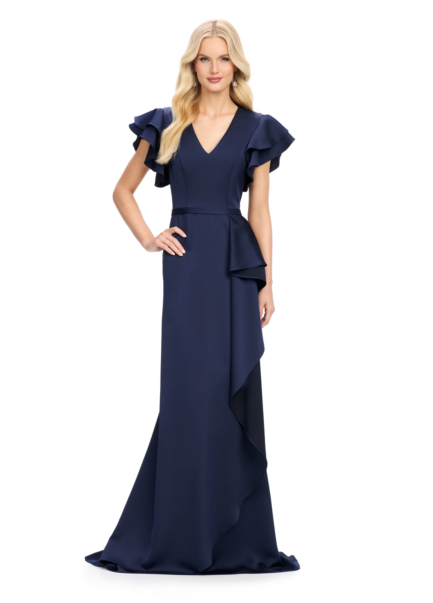 Elevate your evening look with the Ashley Lauren 11737 Crepe Evening Gown. Featuring a V neckline and elegant short ruffle sleeves, this gown is made of luxurious crepe fabric for a comfortable and flattering fit. Perfect for any special occasion, this gown will make you feel confident and stylish.