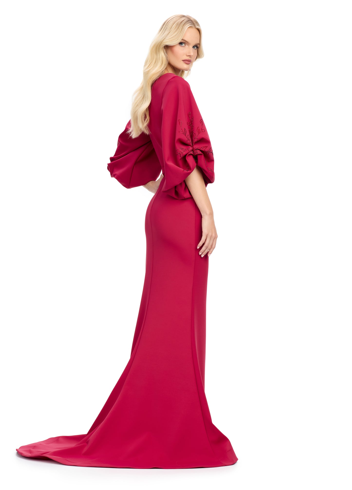 Elevate your evening look with the stunning Ashley Lauren 11740 Long Gathered Sleeves Evening Gown. The scuba fabric provides a sleek and comfortable fit, while the belted waistline accentuates your figure. The gathered sleeves add an elegant touch to this chic gown, making it perfect for any special occasion.