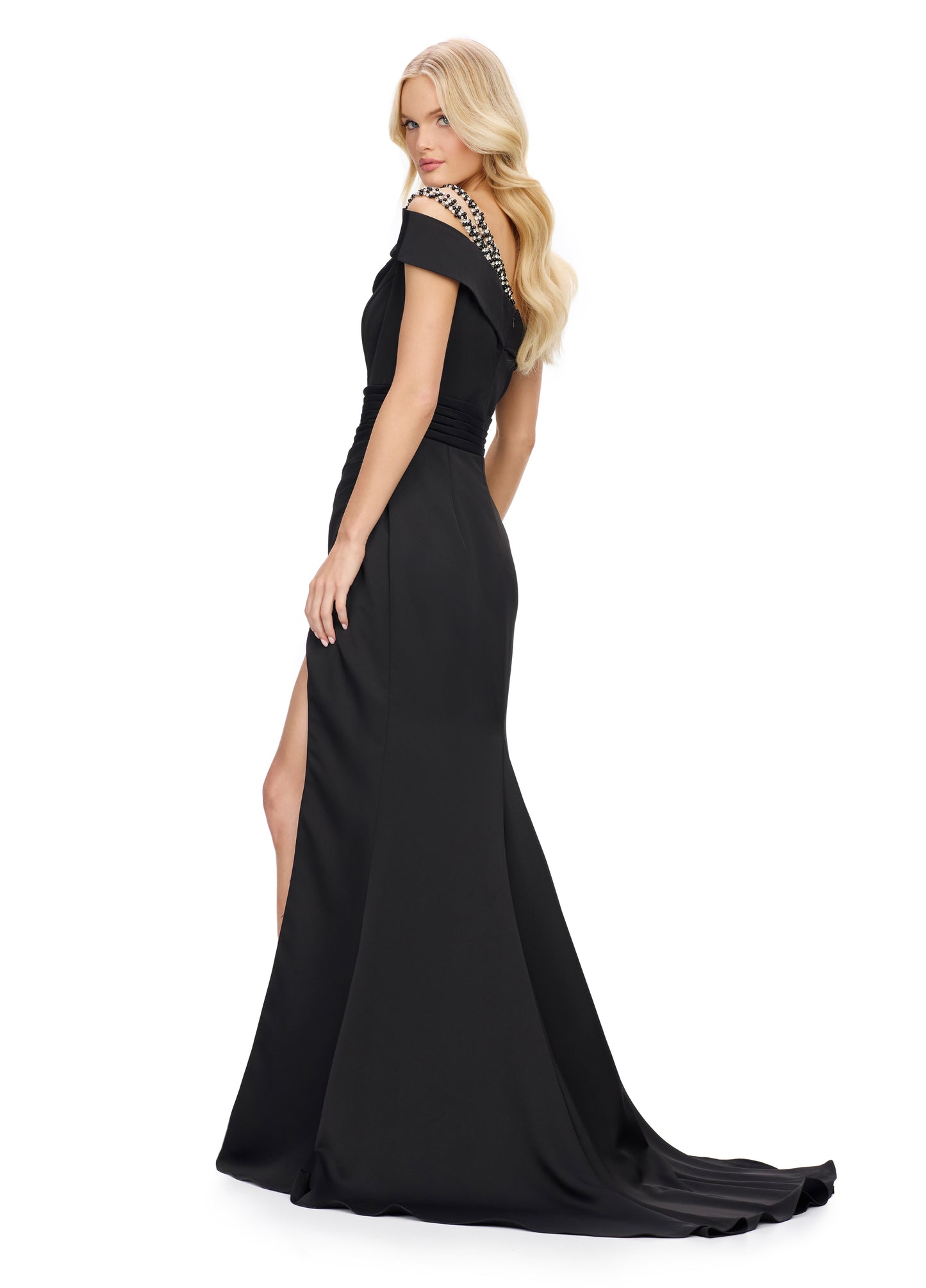 Ashley Lauren 11749 Crystal Shoulder Evening Gown Fit and Flare Ruching Slit