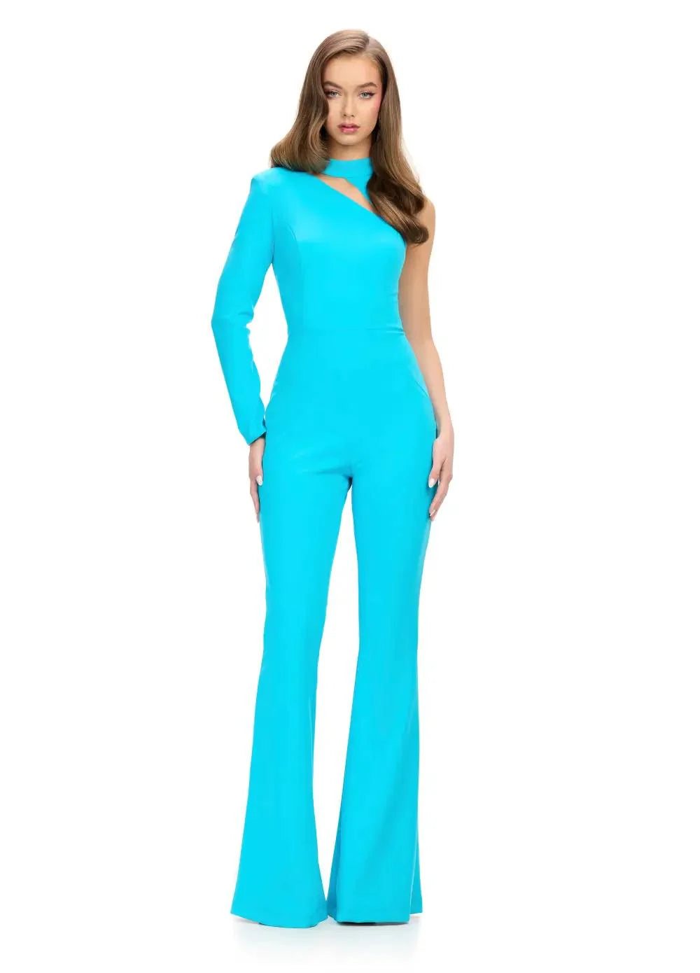 Expertly crafted with a modern design, the Ashley Lauren 11764 Jumpsuit features a unique one sleeve and high neckline made from high-quality scuba fabric. The cutout neckline adds a touch of sharpness to this statement piece, perfect for any formal occasion.