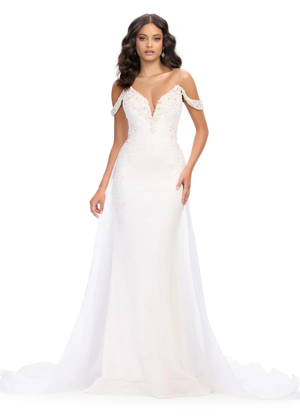 Ashley Lauren 11767 Pageant Dress Fully Beaded Sweetheart Neckline Off the Shoulder Crystal Straps overskirt