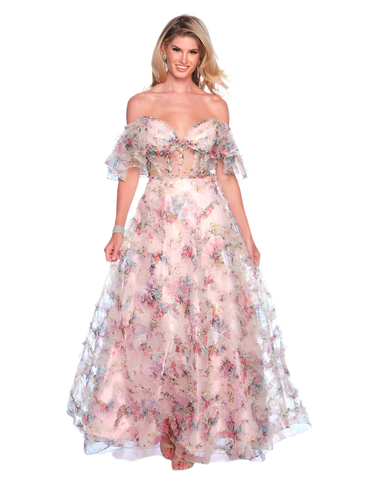 This Dave &amp; Johnny prom dress features a sheer corset, pleated A-line skirt, and ruffle sleeves. The perfect combination of elegance and style for any formal occasion. Expertly crafted with exquisite details, this dress is sure to make a statement.

Sizes: 00-16

Colors: Pink Print