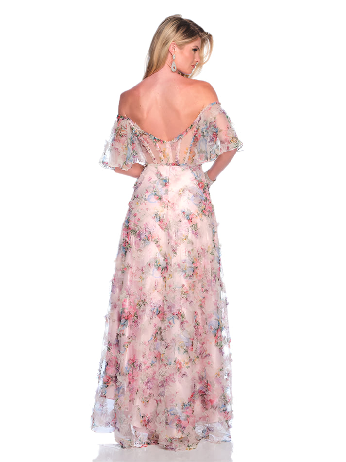 This Dave &amp; Johnny prom dress features a sheer corset, pleated A-line skirt, and ruffle sleeves. The perfect combination of elegance and style for any formal occasion. Expertly crafted with exquisite details, this dress is sure to make a statement.

Sizes: 00-16

Colors: Pink Print