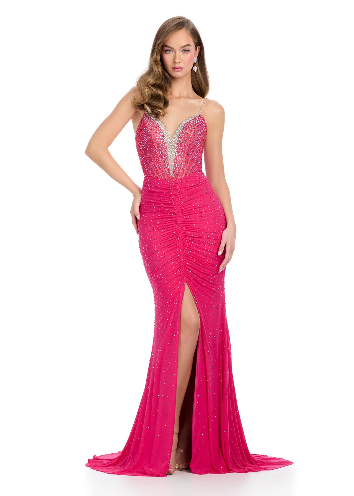 Ashley Lauren 11855 Crystal V Neckline Prom Dress Center Slit Corset Ruching Train