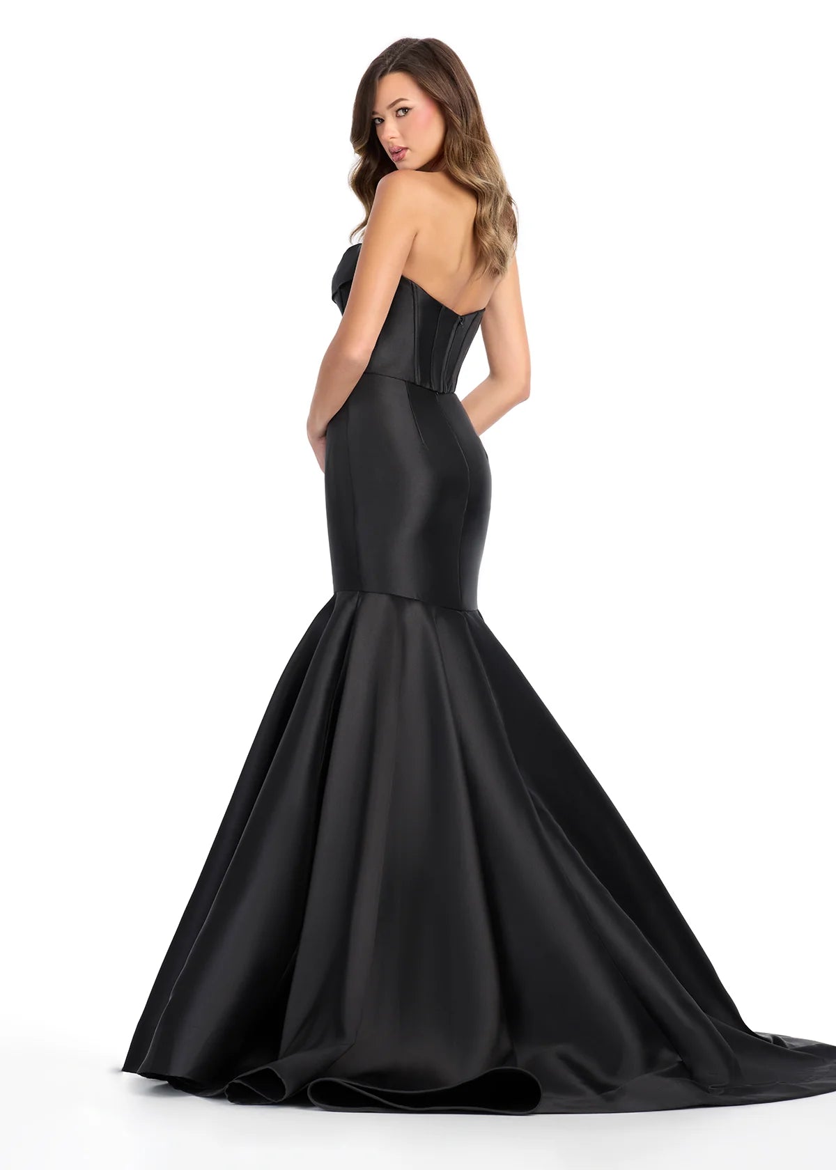 Step into elegance with the Ashley Lauren 11908 Mikado Mermaid Corset Prom Dress. This two piece formal pageant gown features a stunning cowl neck and a mermaid silhouette that accentuates your figure. Made with luxurious Mikado fabric, this dress is perfect for a glamorous and sophisticated look. This two-piece gown is an ASHLEYlauren favorite. The corset bustier and mermaid mikado skirt are the perfect combination. The look is complete with a sweep train.