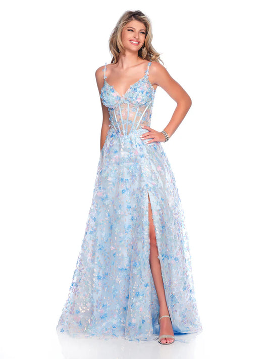 Get ready to turn heads in the Dave &amp; Johnny 12017 prom dress. Featuring a stunning sheer corset with 3D floral details and a classic A-line silhouette, this dress is perfect for any formal occasion. The V-neck and thigh-high slit add a touch of sophistication and sexiness. Make a statement with this unique and elegant gown.

Sizes: 00-16

Colors: Ice Blue