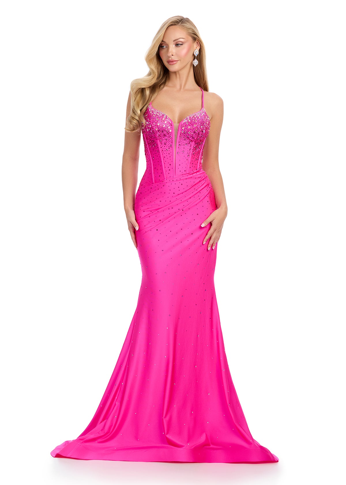 Ashley Lauren 12028 Corset Prom Dress Lycra Fit and Flare Asymmetric Waistline Hot Stones