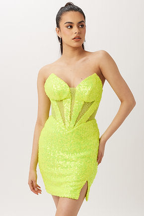 Vienna 60100 Strapless Silhouette Sequin Slit V-Neck Cut Out Bodice Cocktail Homecoming Dress. Feel elegant and glamorous in the Vienna 60100 Strapless Dress. It features a V-neck cut-out bodice adorned with sparkling sequins, a slit design, and a graceful silhouette to flatter any body type. Perfect for any special occasion, this dress is sure to make you stand out in the crowd.