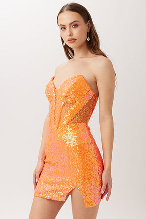 Vienna 60100 Strapless Silhouette Sequin Slit V-Neck Cut Out Bodice Cocktail Homecoming Dress. Feel elegant and glamorous in the Vienna 60100 Strapless Dress. It features a V-neck cut-out bodice adorned with sparkling sequins, a slit design, and a graceful silhouette to flatter any body type. Perfect for any special occasion, this dress is sure to make you stand out in the crowd.