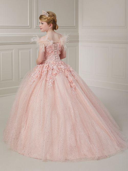 Tiffany Princess 13727 Girls Pageant Dress Feather Lace Ball Gown Shimmer Sequin Corset